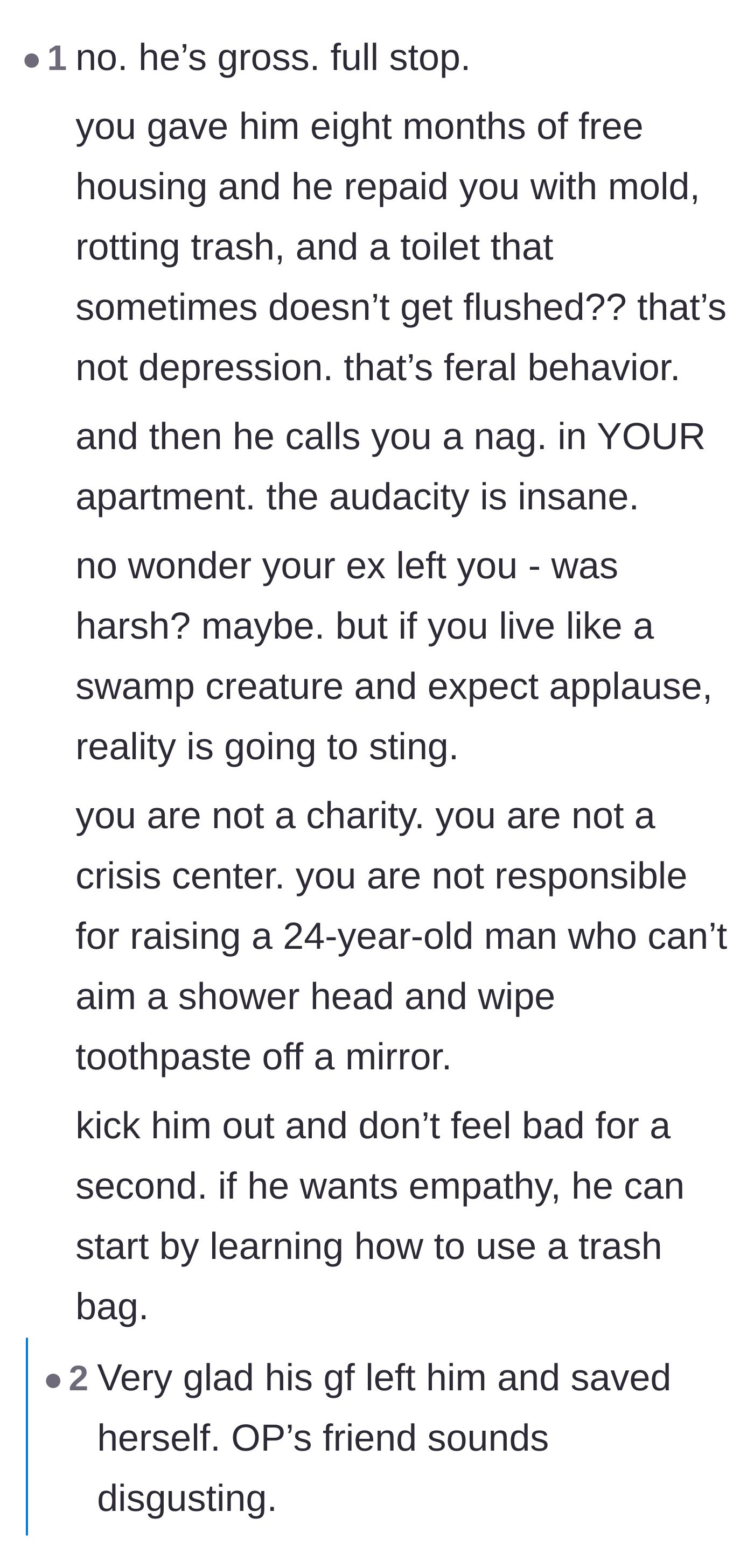 Comment thread 1 - Thread discussing the difference between depression and feral behavior, noting the guest's sheer audacity.