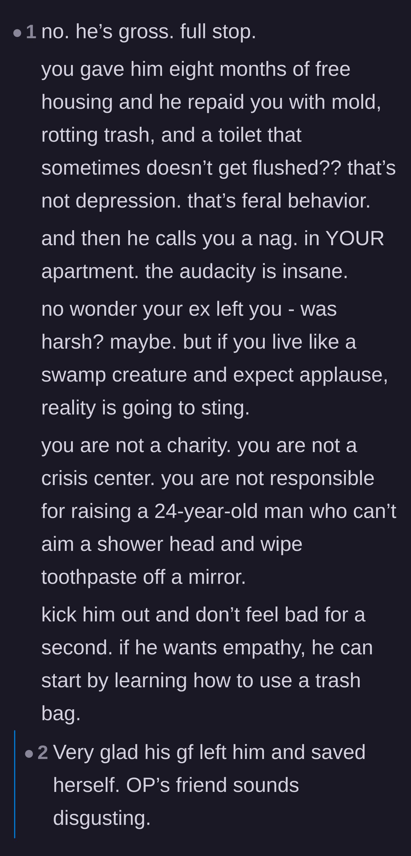 Comment thread 1 - Thread discussing the difference between depression and feral behavior, noting the guest's sheer audacity.
