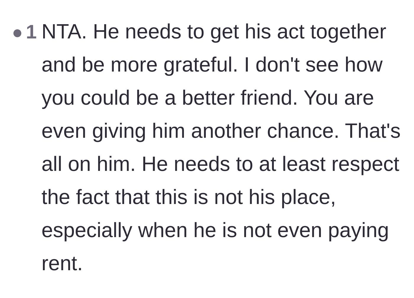 Comment thread 5 - Comment demanding the guest show gratitude and respect the rent-free arrangement.