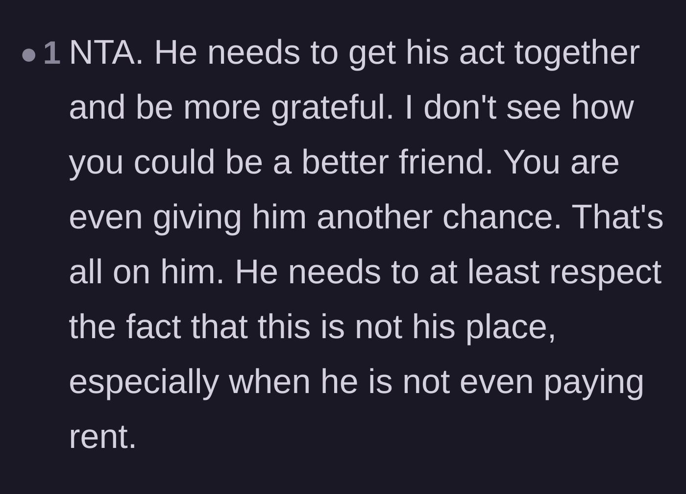 Comment thread 5 - Comment demanding the guest show gratitude and respect the rent-free arrangement.