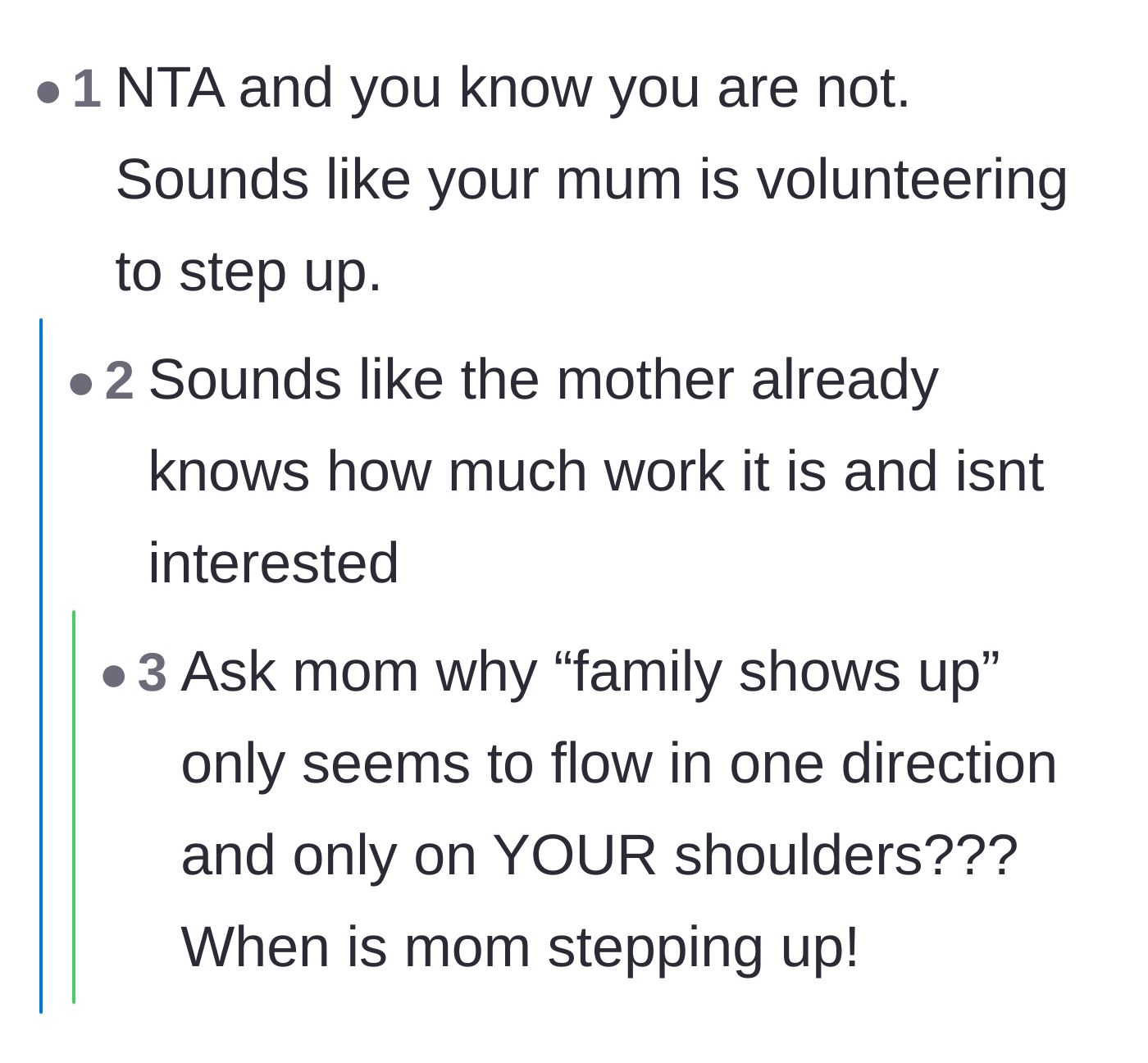 Comment thread 1 - Readers call out the mother's hypocrisy in demanding help for the sister without volunteering herself.