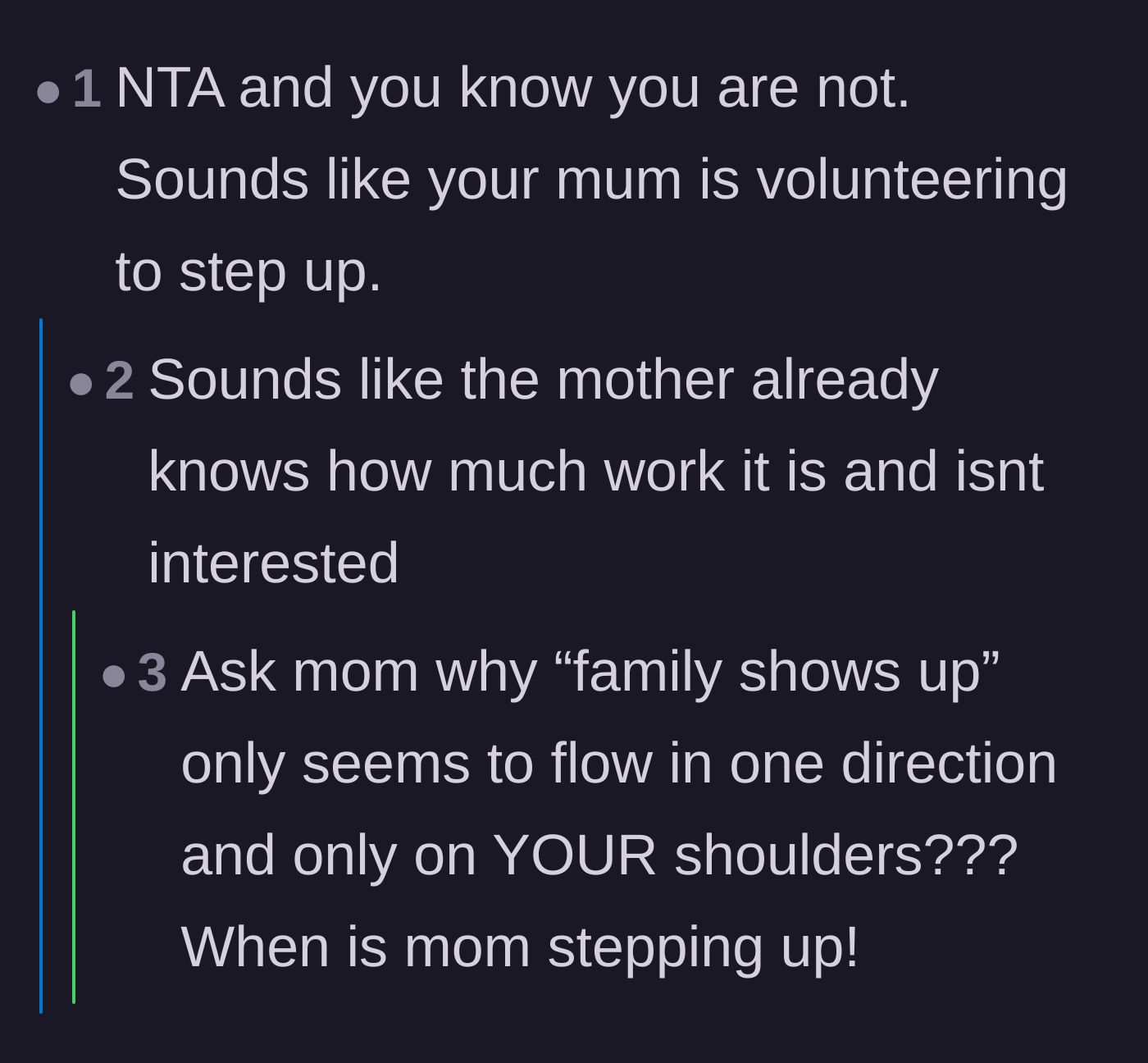 Comment thread 1 - Readers call out the mother's hypocrisy in demanding help for the sister without volunteering herself.