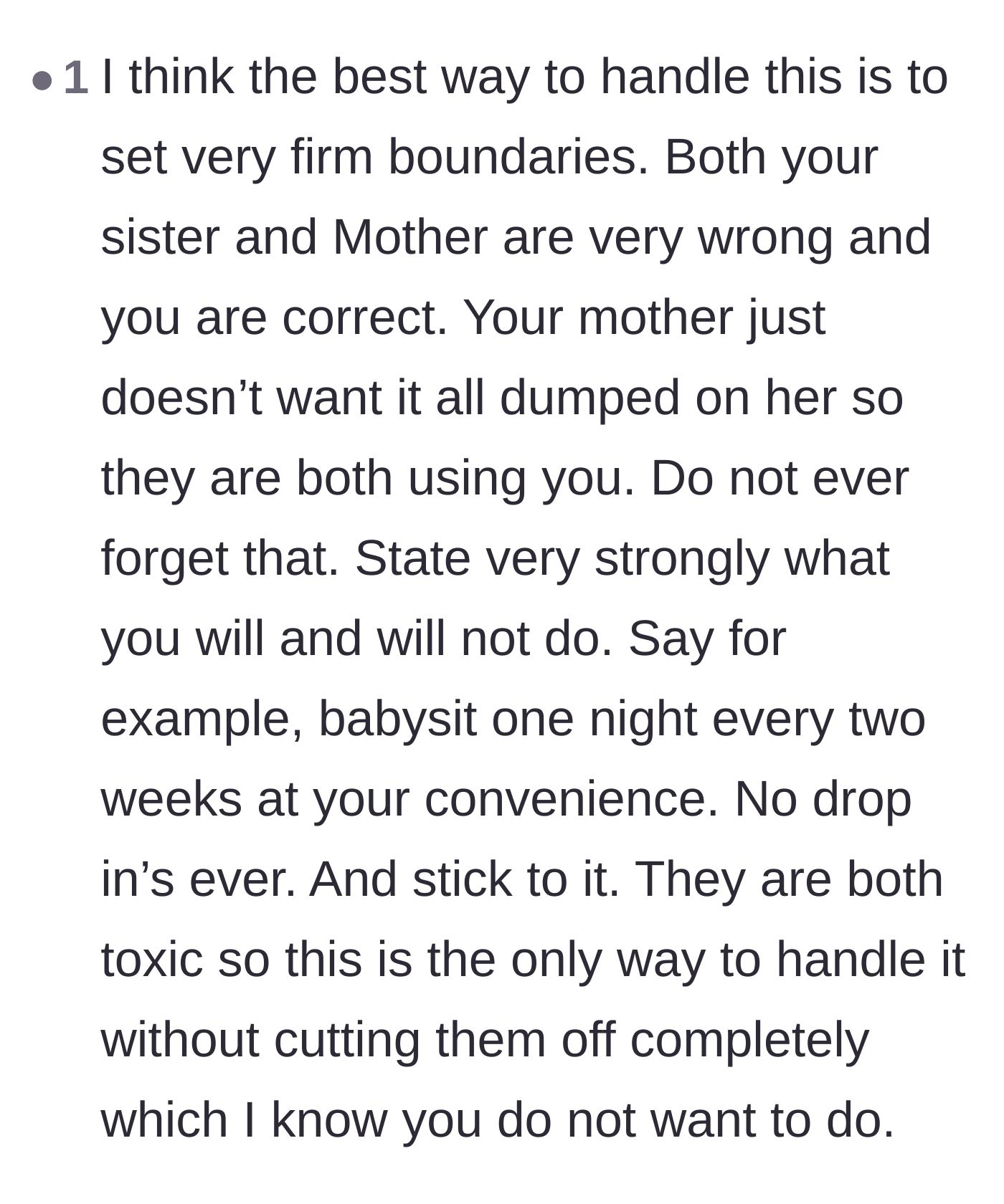 Comment thread 2 - Advice on setting strict, non-negotiable boundaries to prevent further exploitation by the family.