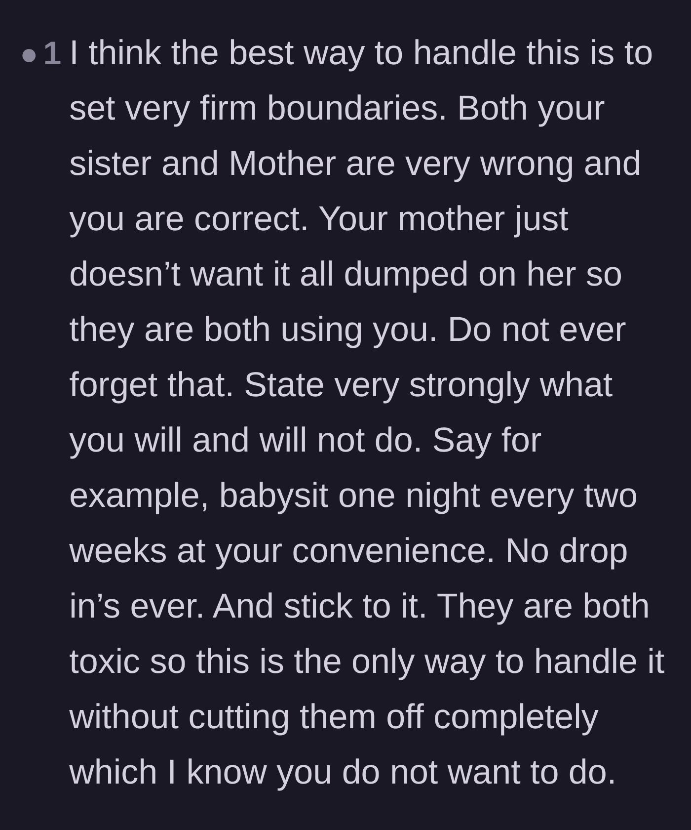 Comment thread 2 - Advice on setting strict, non-negotiable boundaries to prevent further exploitation by the family.