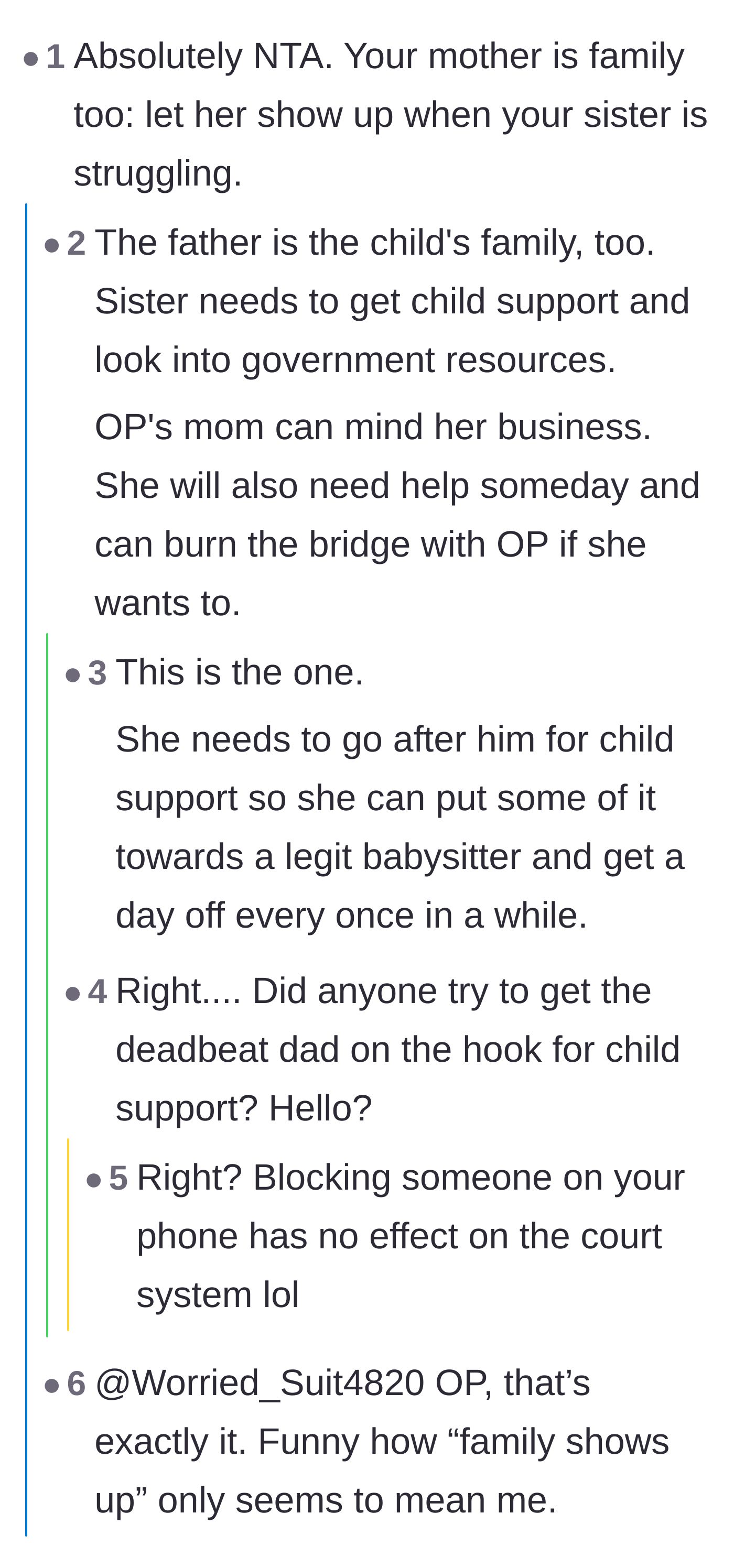 Comment thread 3 - Discussion about forcing the absentee father to pay child support instead of relying on the sister.