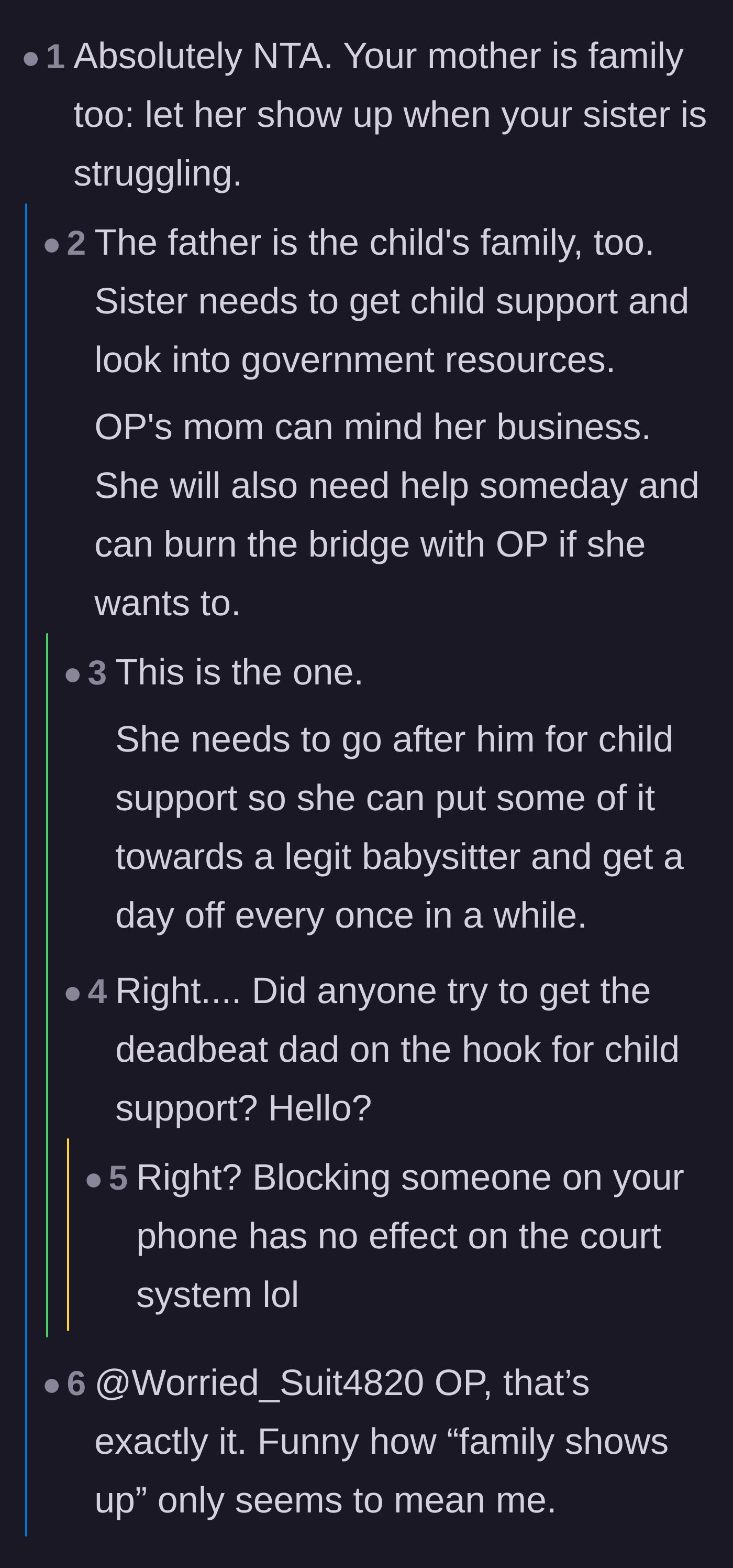 Comment thread 3 - Discussion about forcing the absentee father to pay child support instead of relying on the sister.