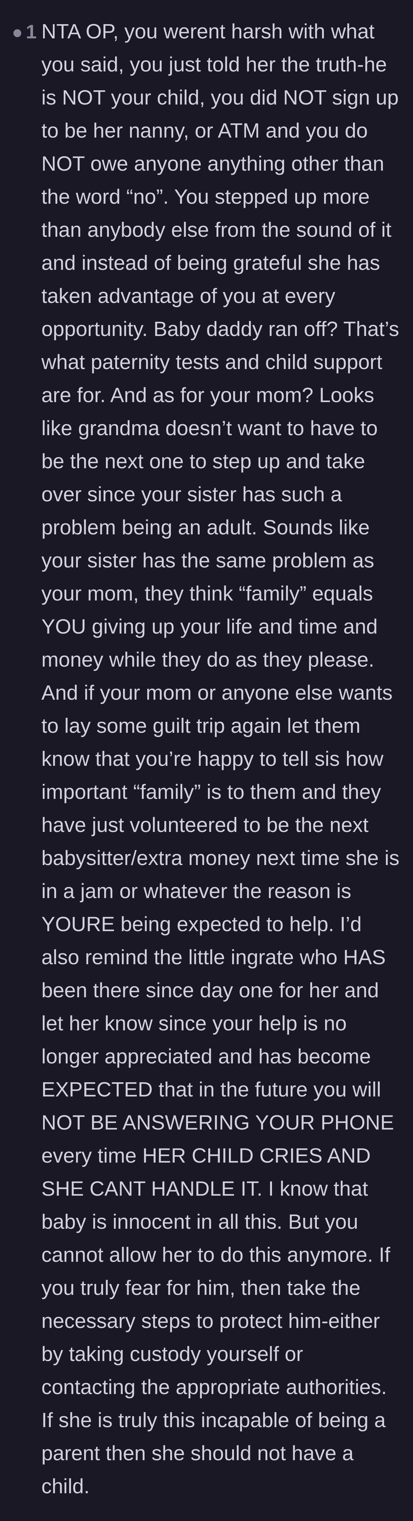 Comment thread 4 - A comprehensive critique of the sister's ingratitude and a reminder that parental responsibilities belong solely to the parent.