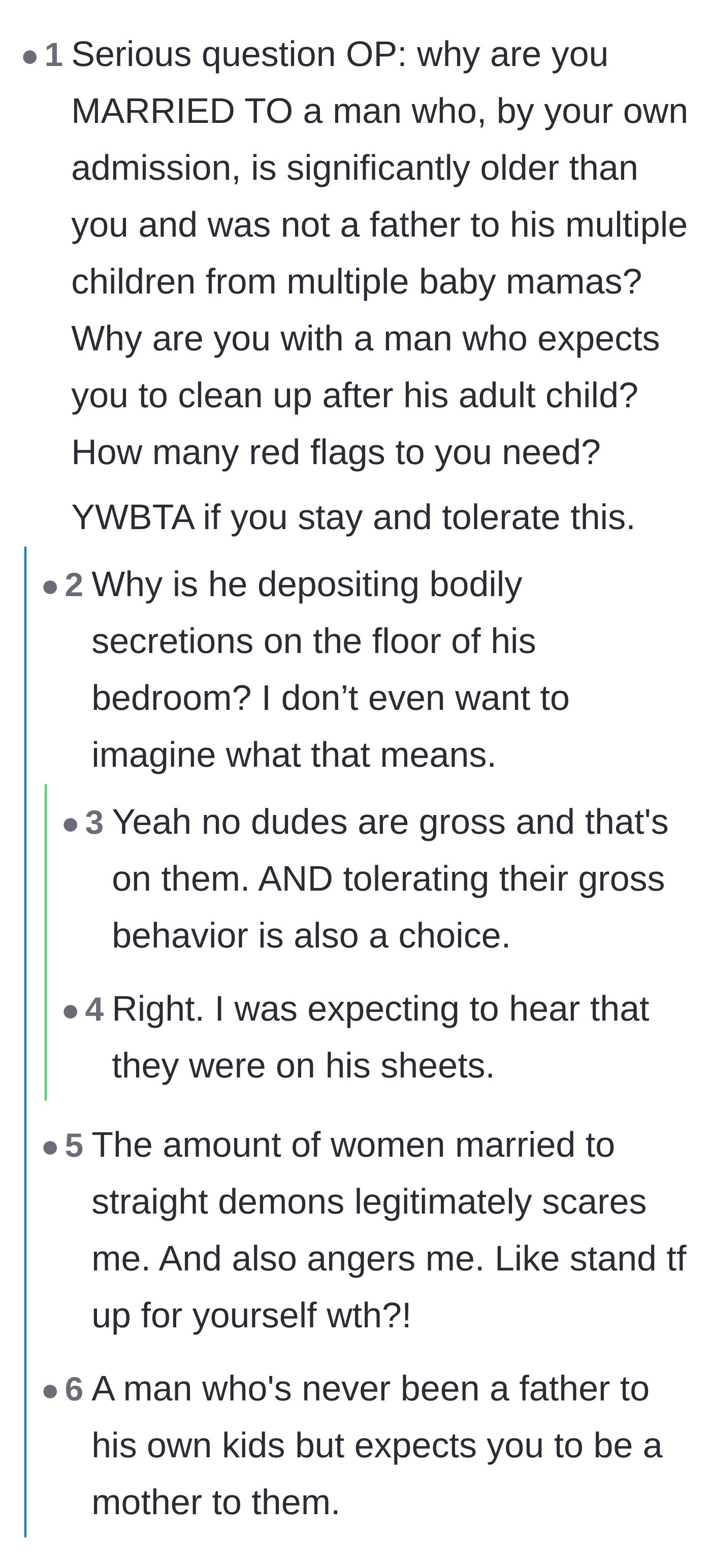 Comment thread 1 - Readers dissect the massive red flags of marrying a deadbeat and question the wife's tolerance.
