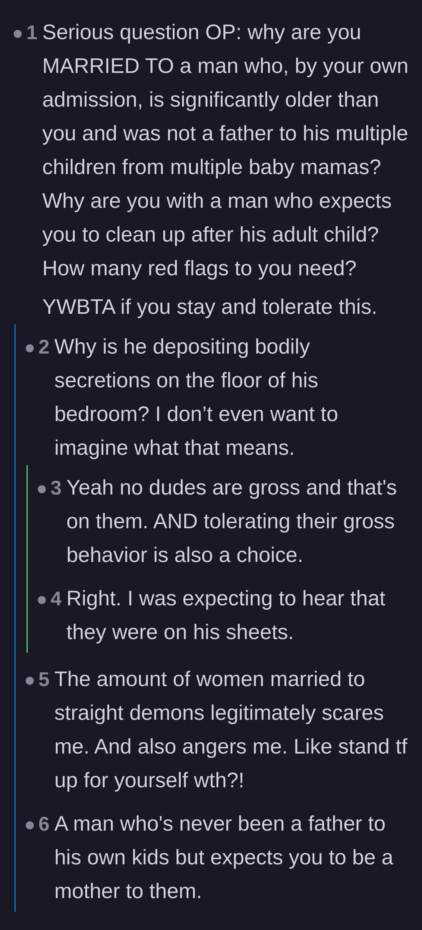 Comment thread 1 - Readers dissect the massive red flags of marrying a deadbeat and question the wife's tolerance.