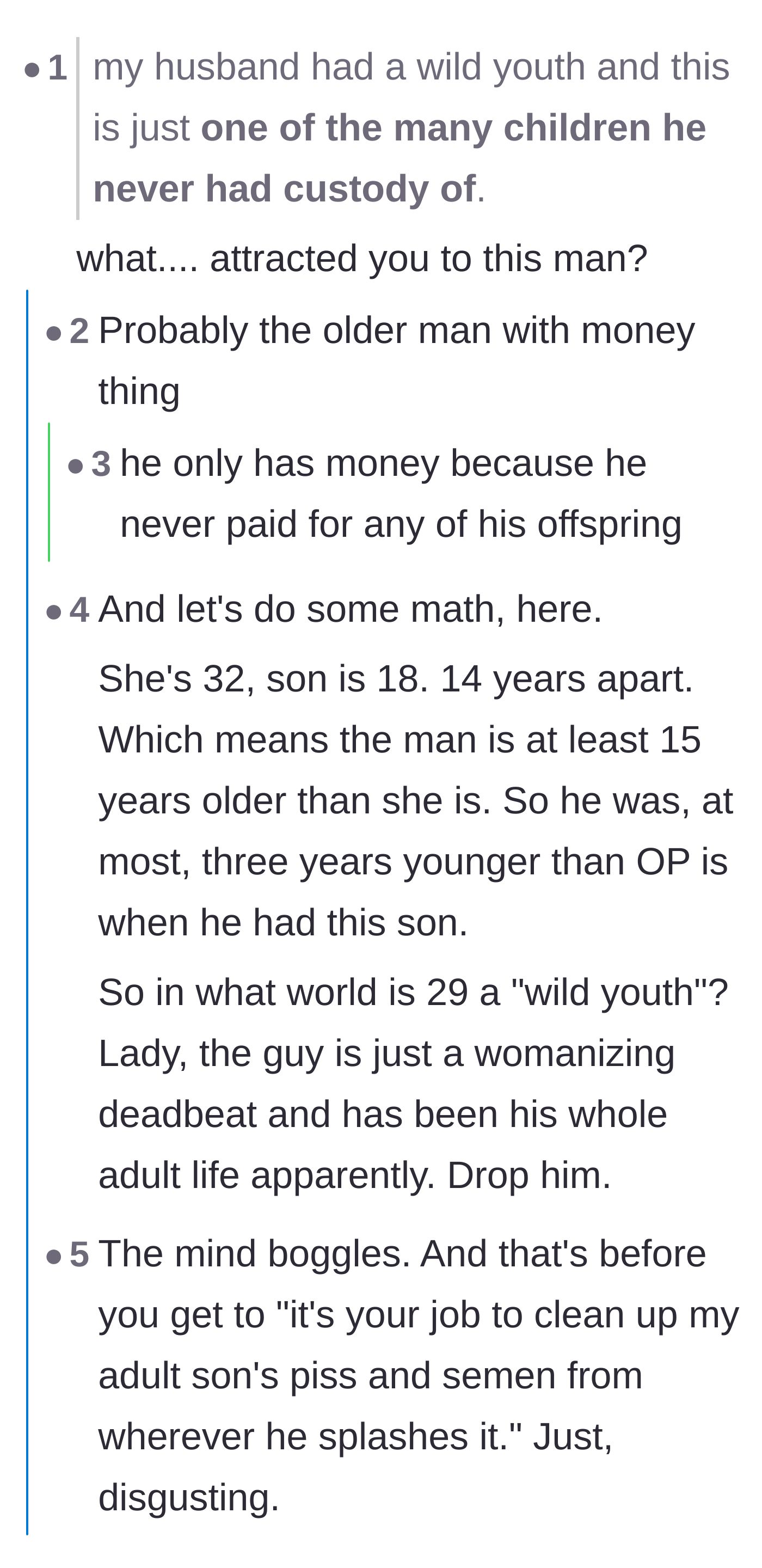 Comment thread 3 - Users openly question what attracted the wife to a man with multiple abandoned kids.