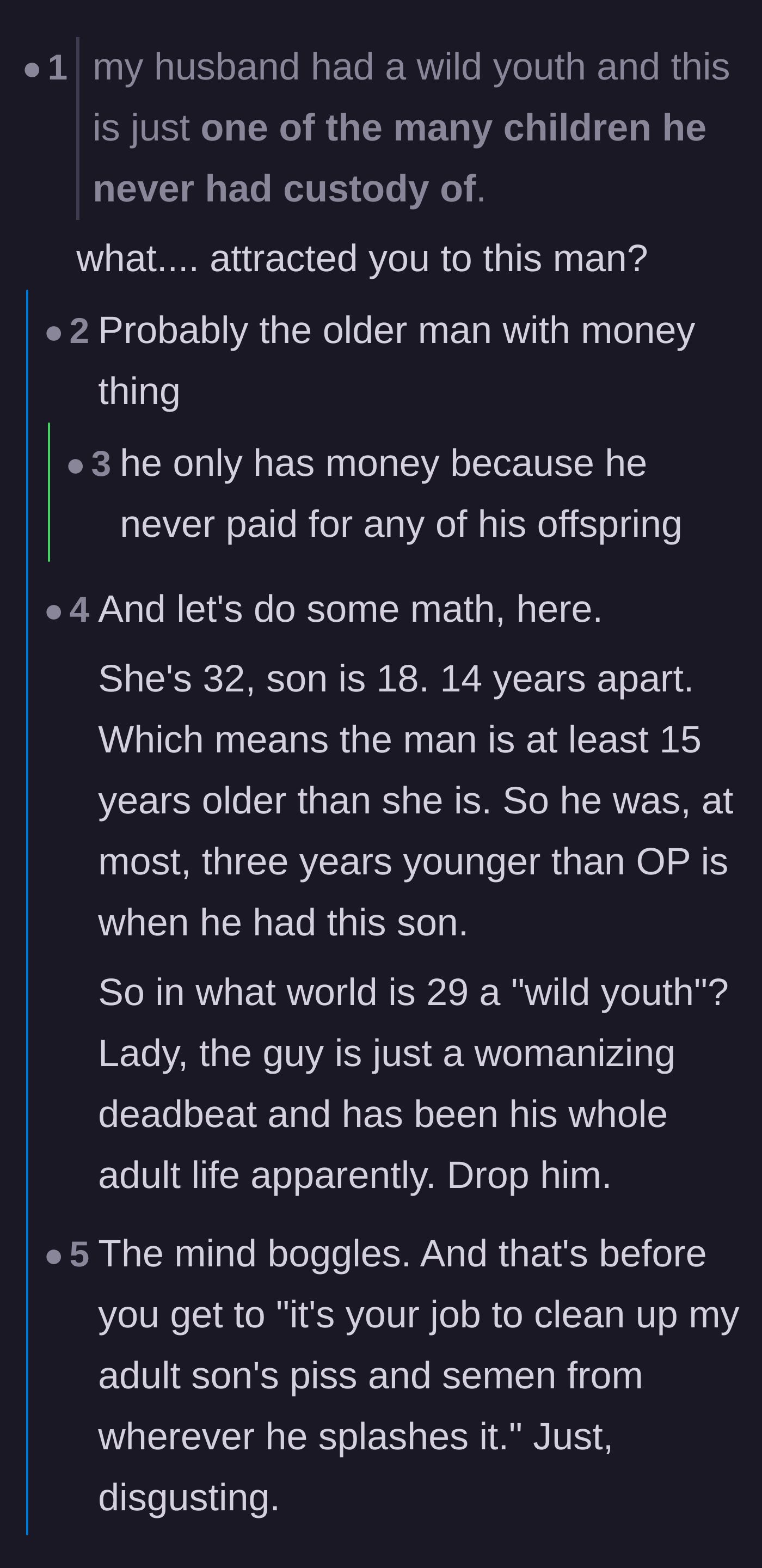 Comment thread 3 - Users openly question what attracted the wife to a man with multiple abandoned kids.