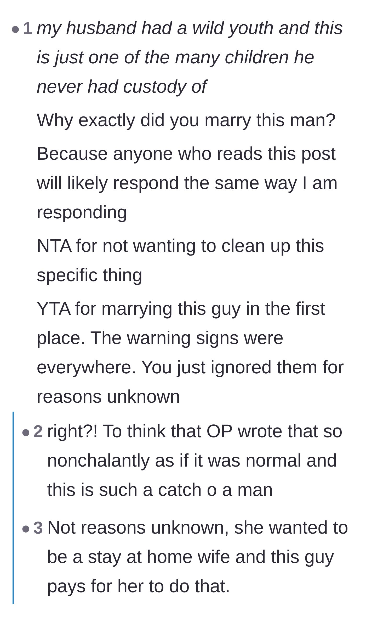 Comment thread 6 - The internet delivers a blunt verdict: she's not the asshole for refusing to clean, but she's definitely wild for marrying him.