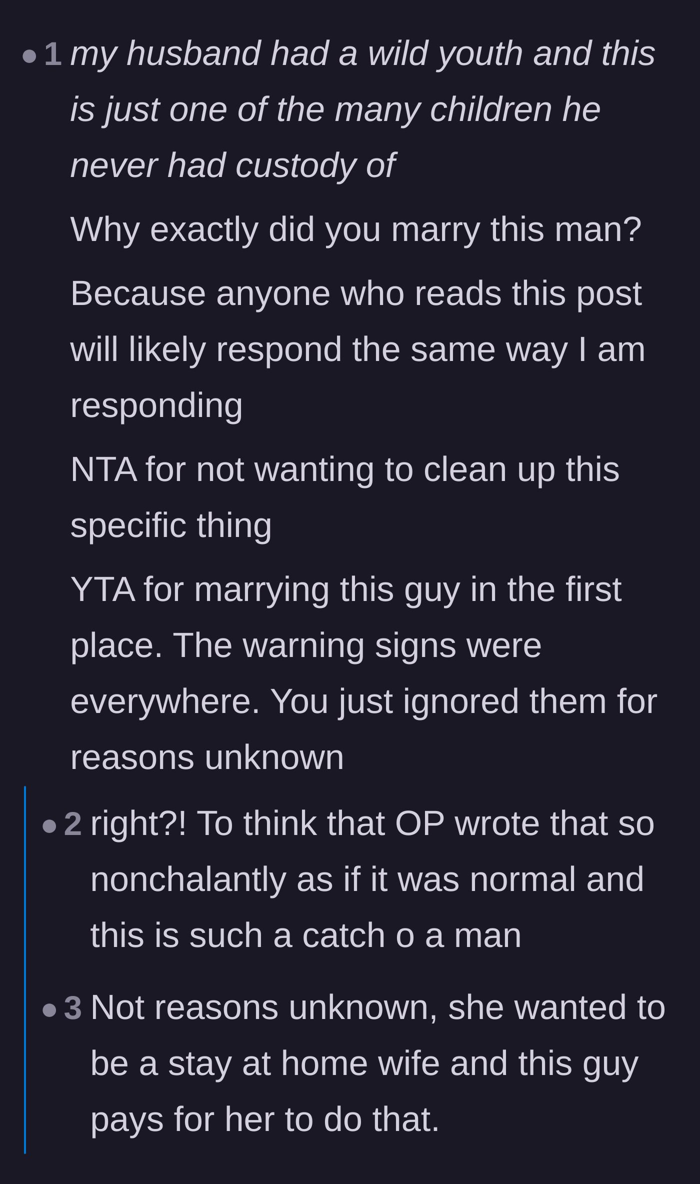 Comment thread 6 - The internet delivers a blunt verdict: she's not the asshole for refusing to clean, but she's definitely wild for marrying him.