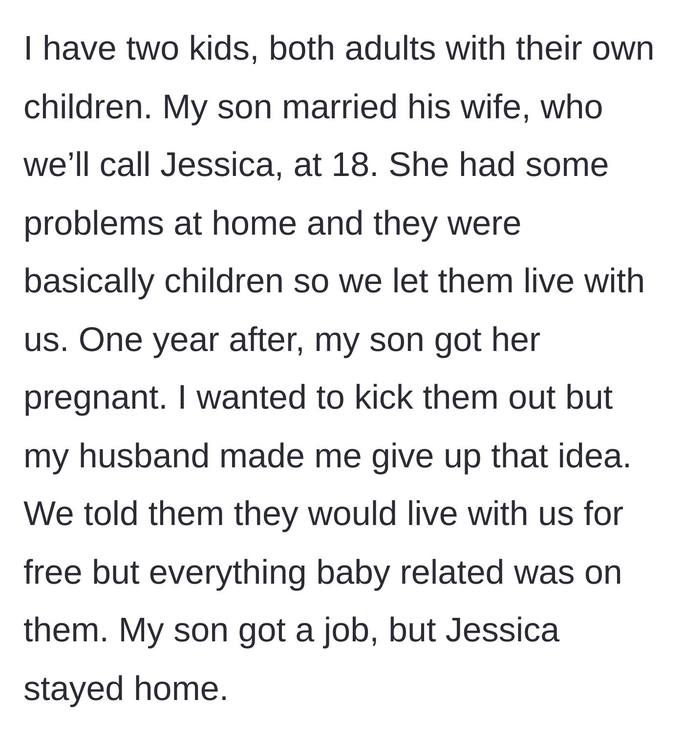 Story part 1 - Teenage son and his wife move in and have a baby.