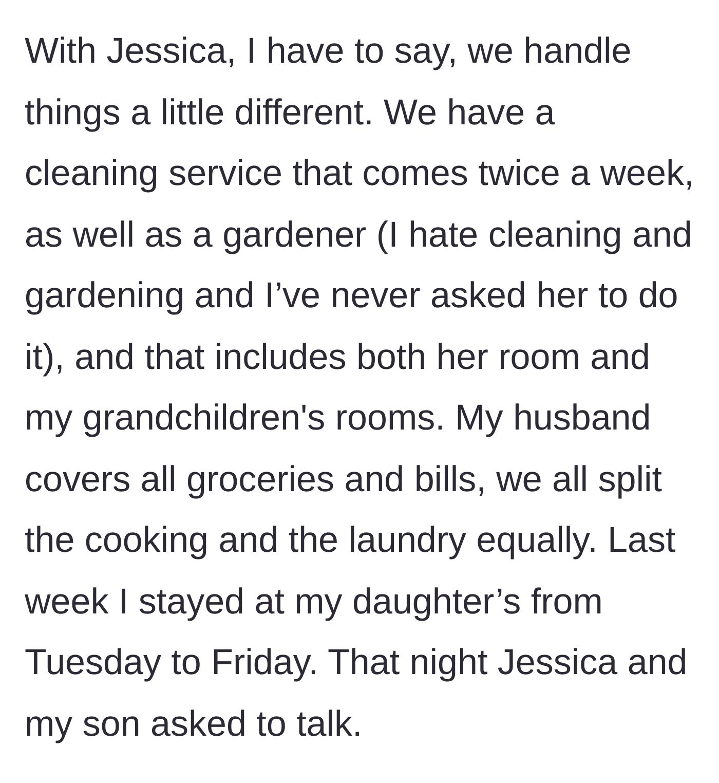 Story part 3 - The mother lists the free amenities the daughter-in-law receives.
