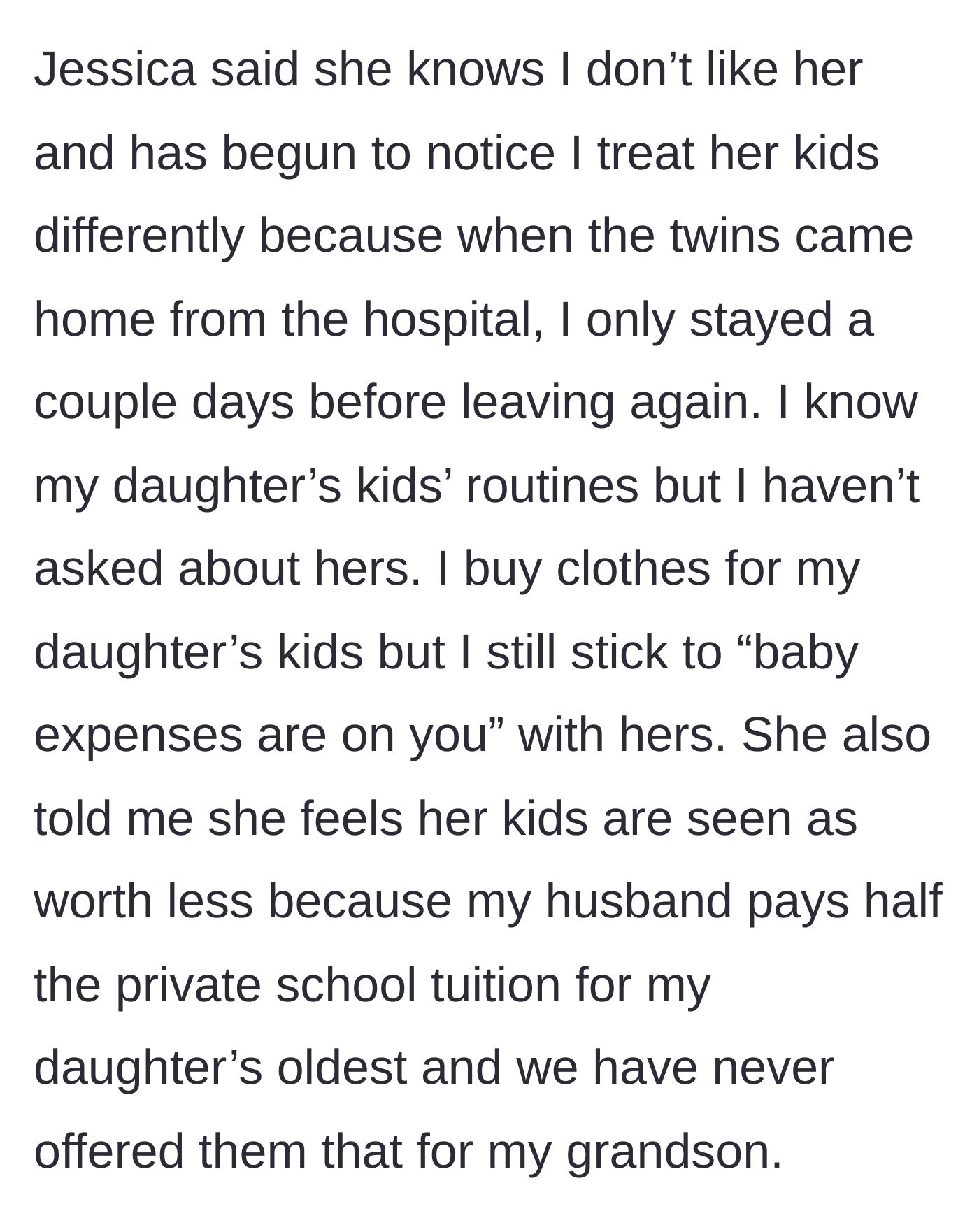 Story part 4 - The daughter-in-law complains about not getting tuition and baby expenses paid.
