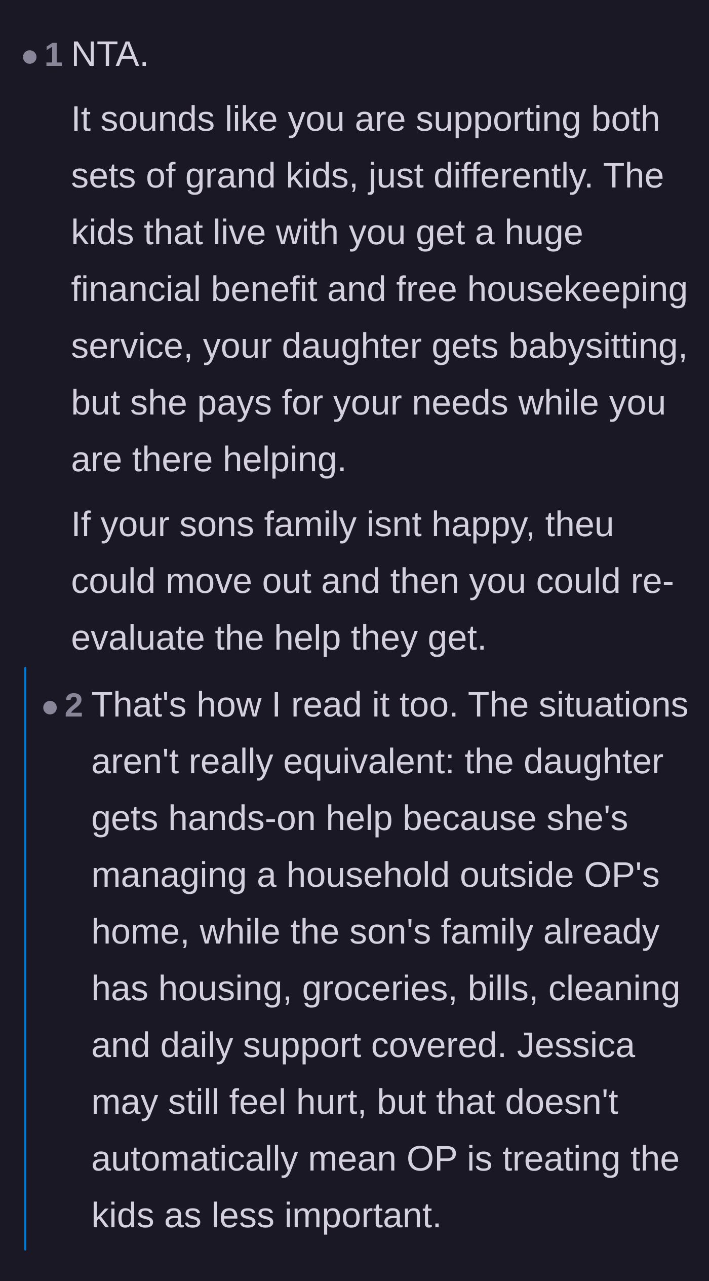 Comment thread 1 - Readers point out the massive financial discrepancy between the rent-free son and the self-sufficient daughter.