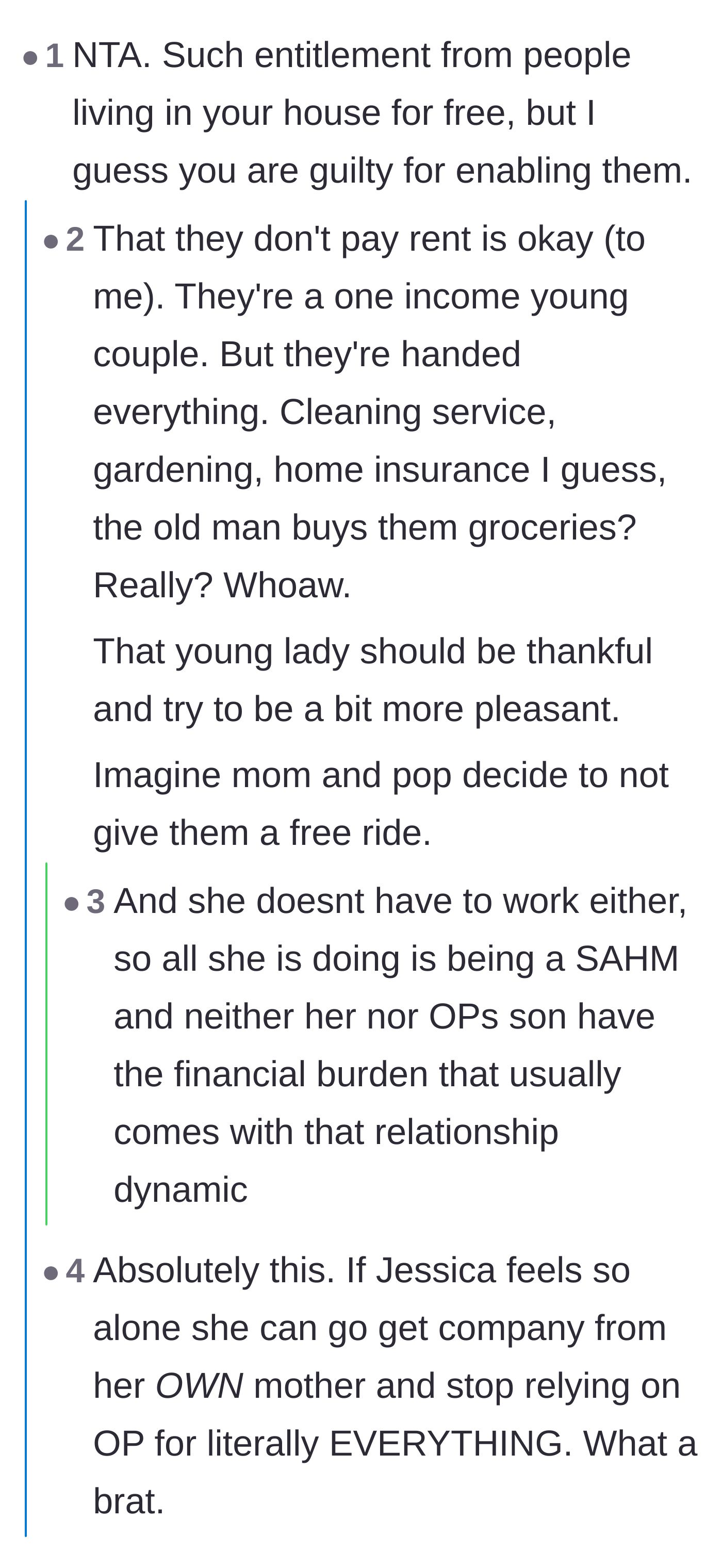 Comment thread 2 - A debate over whether the daughter-in-law is just lonely or completely out of touch with reality.