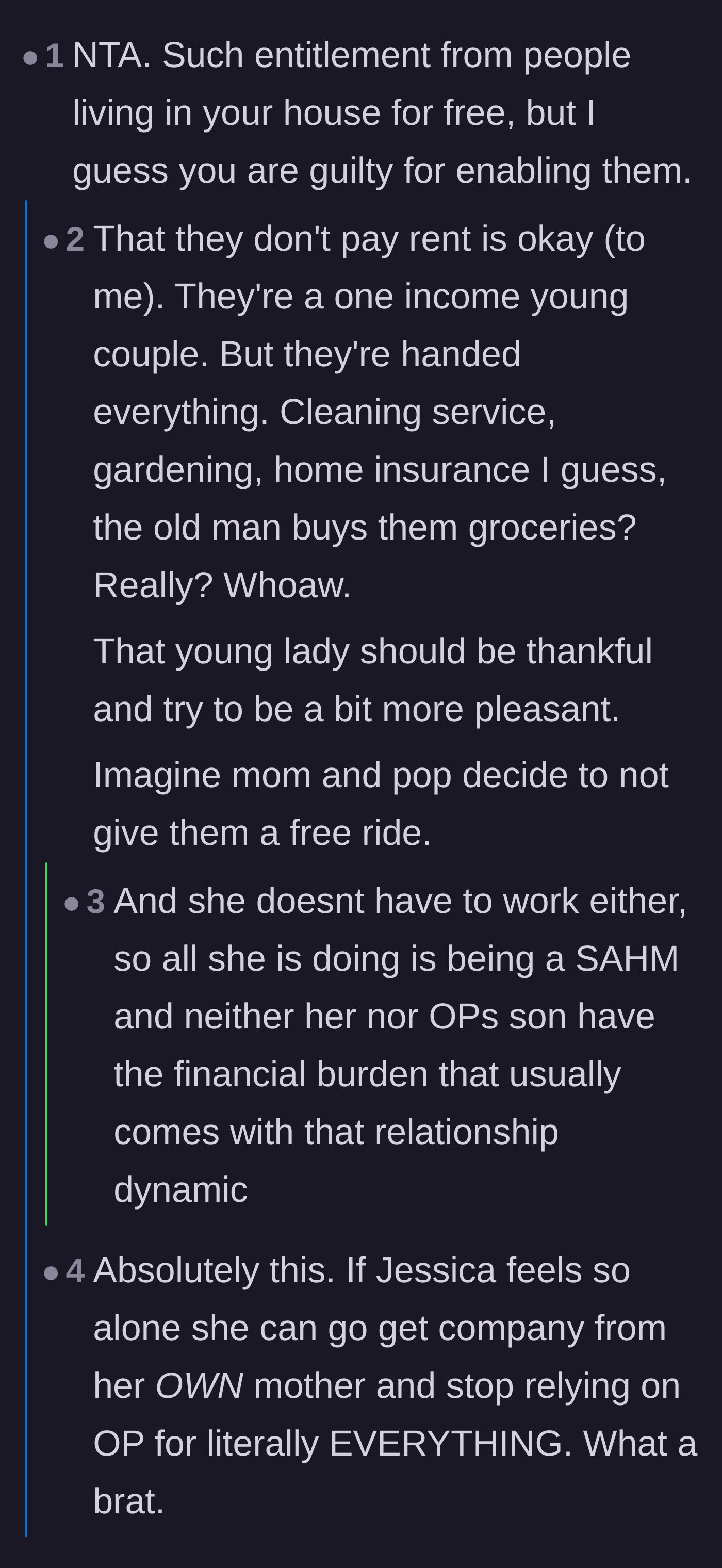 Comment thread 2 - A debate over whether the daughter-in-law is just lonely or completely out of touch with reality.