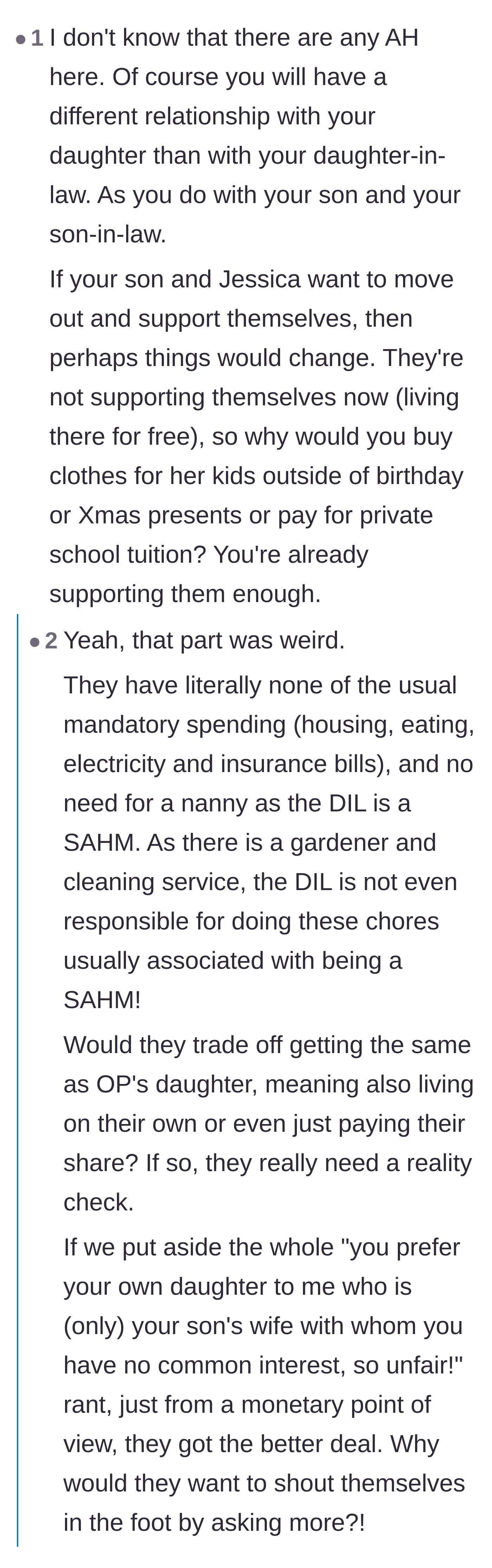 Comment thread 4 - An analysis of why the daughter-in-law expects the same financial perks as the independent daughter.