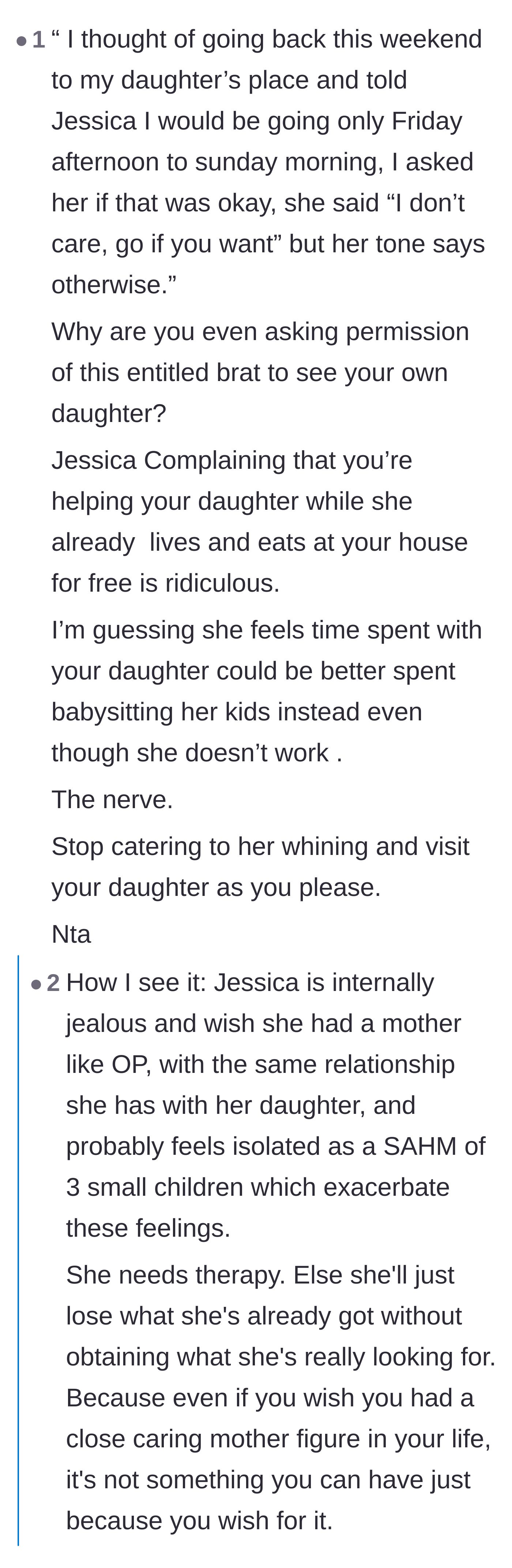 Comment thread 5 - Discussing the mother's mistake of asking her daughter-in-law for permission to leave the house.
