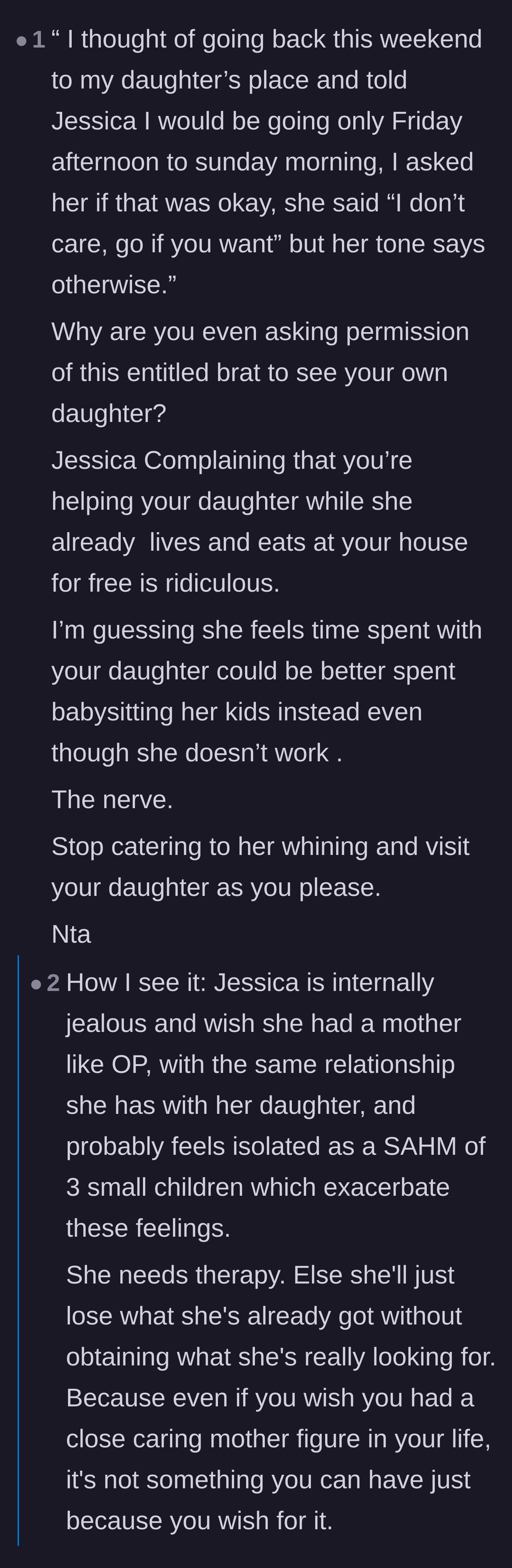 Comment thread 5 - Discussing the mother's mistake of asking her daughter-in-law for permission to leave the house.