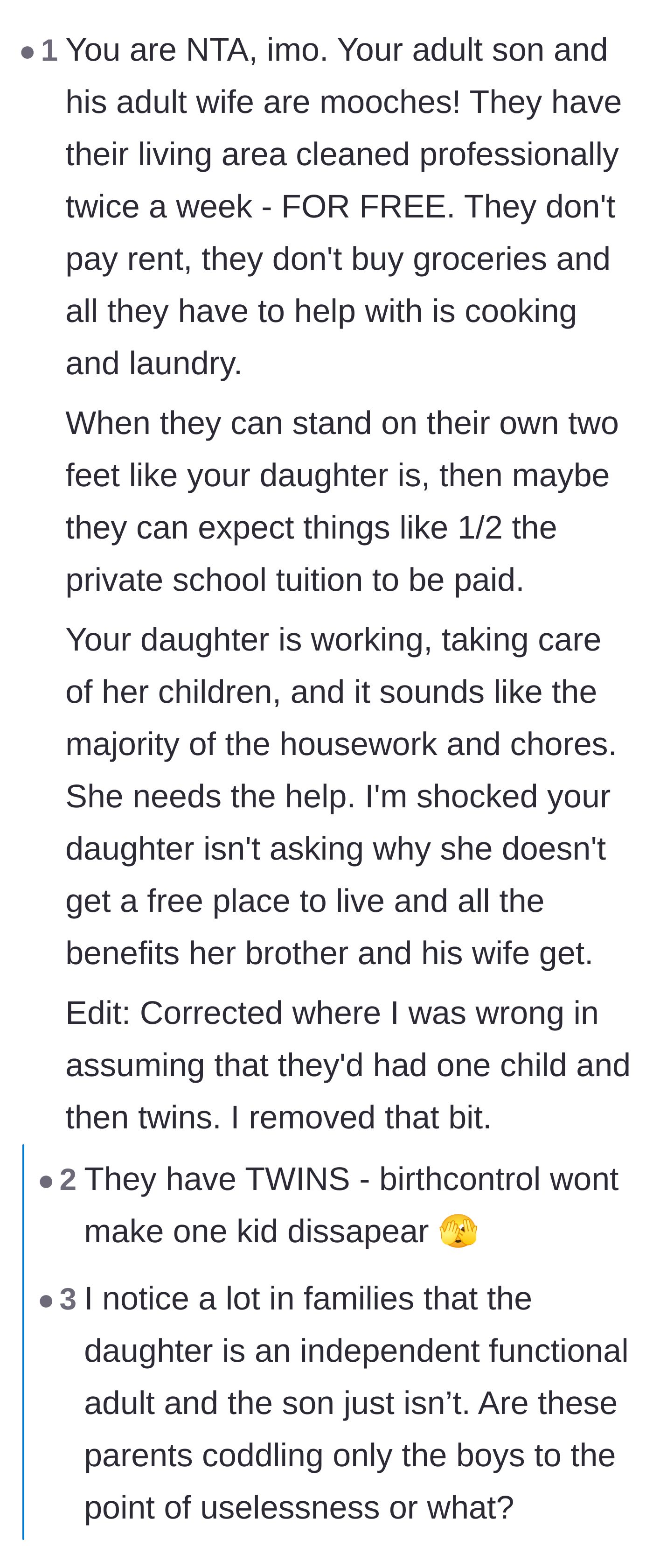 Comment thread 6 - Outrage over the son and daughter-in-law having a third child while still living entirely on the parents' dime.