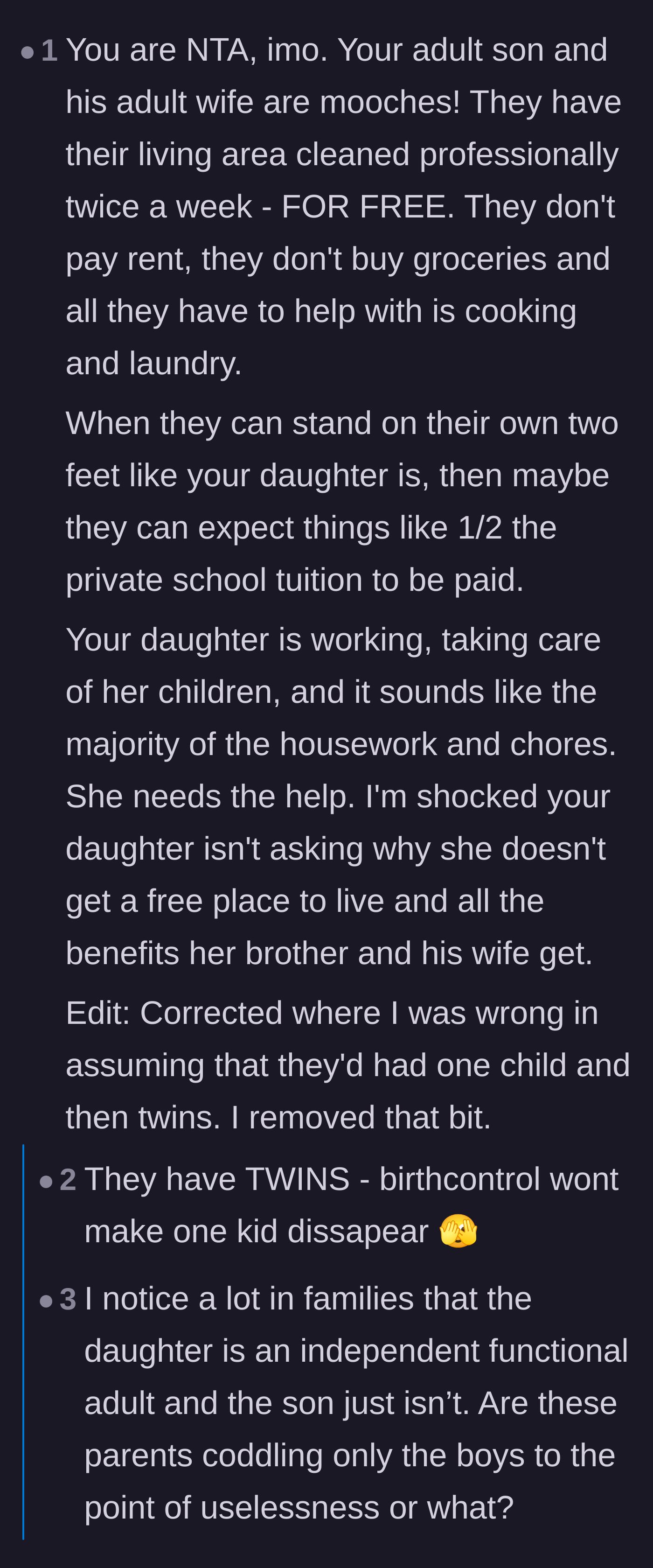Comment thread 6 - Outrage over the son and daughter-in-law having a third child while still living entirely on the parents' dime.
