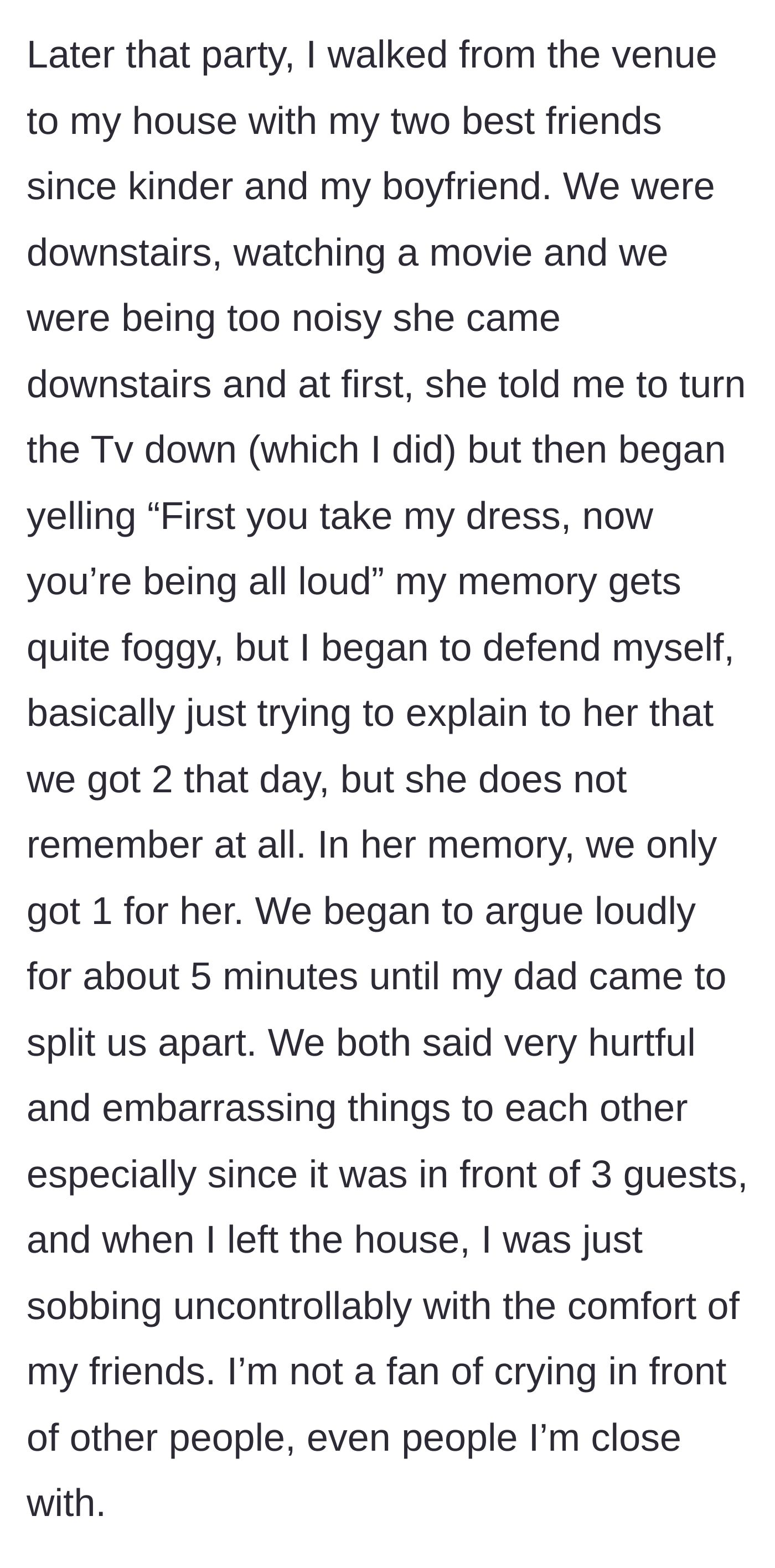 Story part 2 - An intense argument breaking out in a living room while a girl's friends and boyfriend watch on uncomfortably.