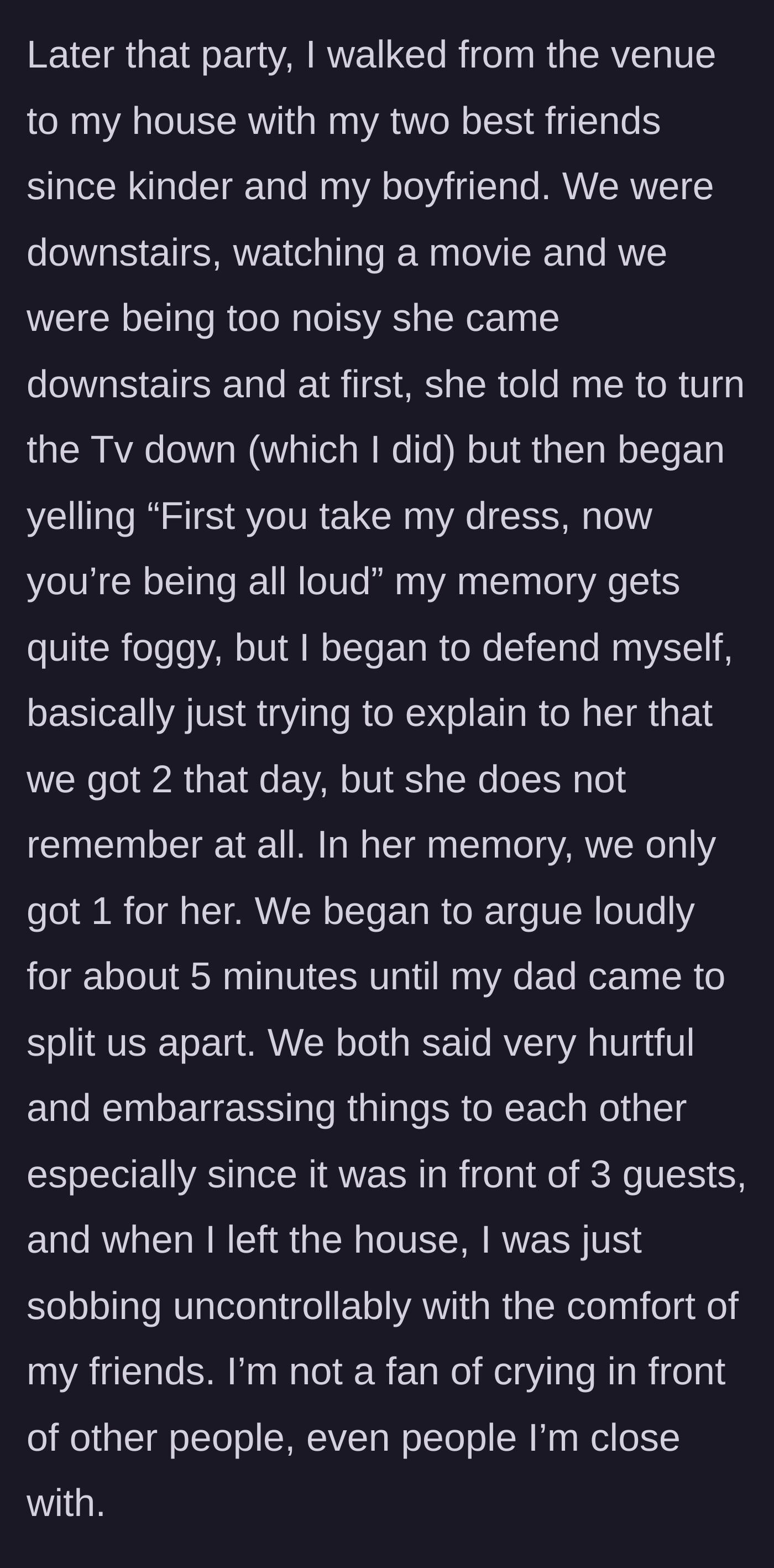 Story part 2 - An intense argument breaking out in a living room while a girl's friends and boyfriend watch on uncomfortably.
