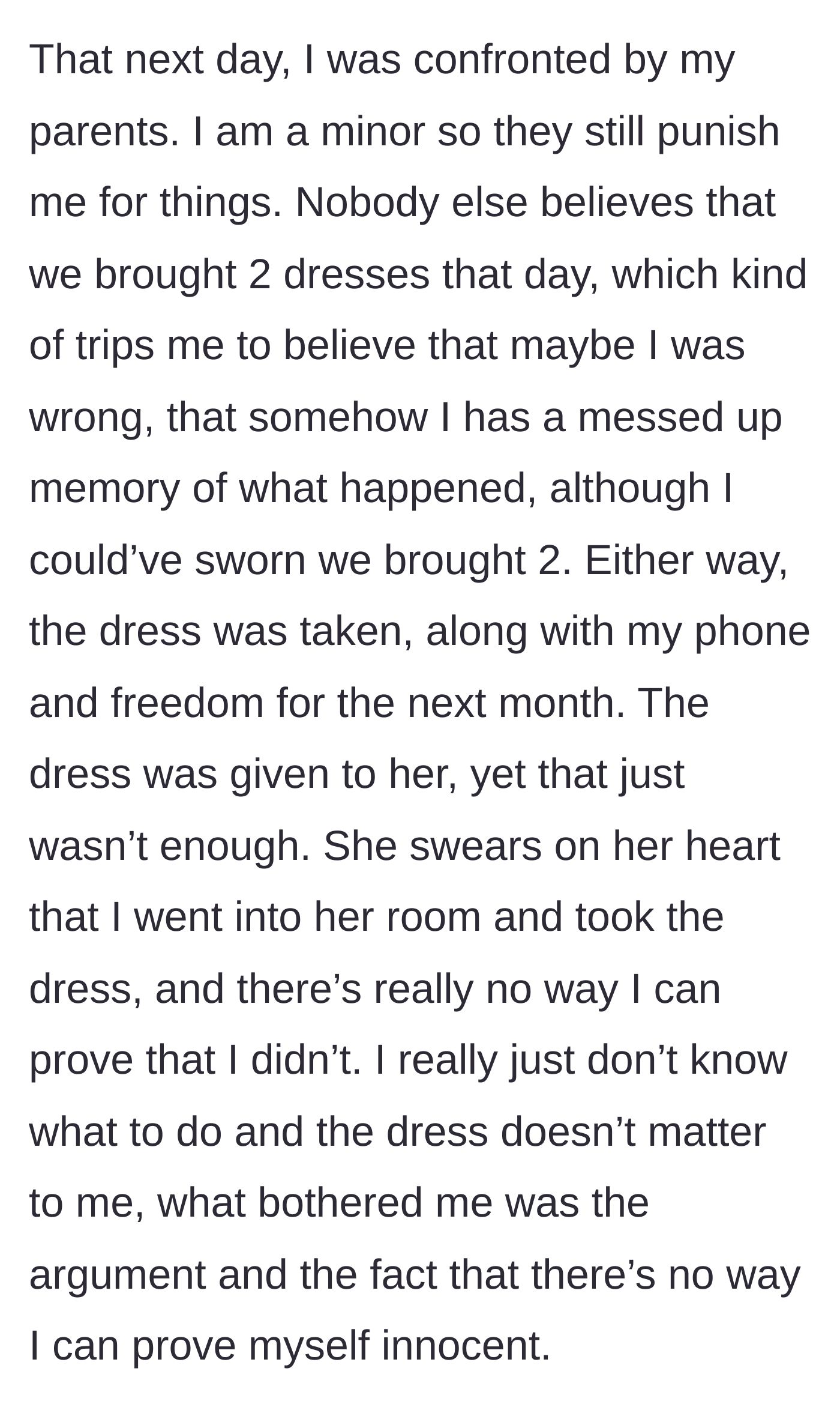 Story part 3 - Parents confronting a teenage girl, unfairly confiscating her belongings as punishment for a crime she didn't commit.