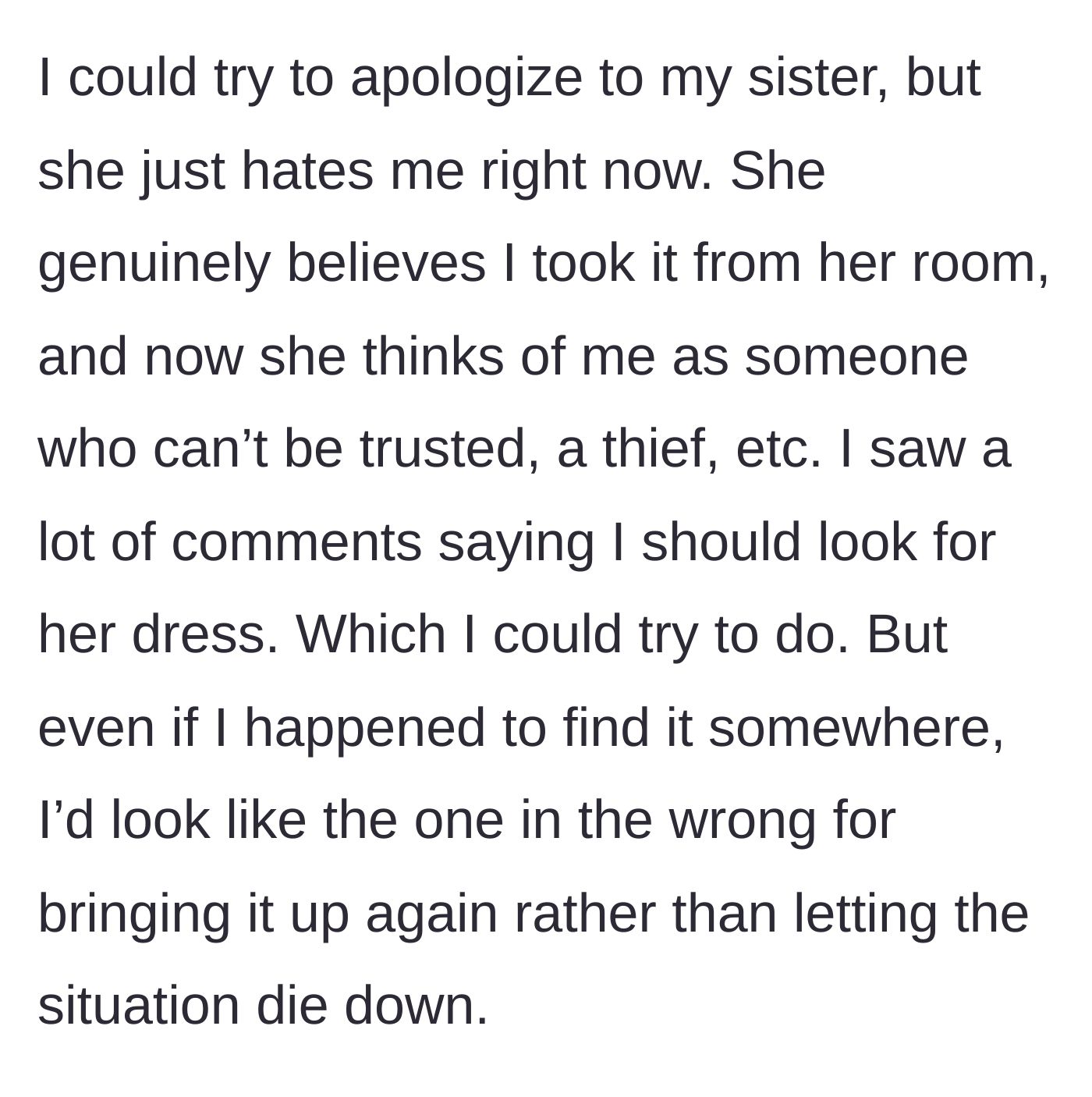 Story part 6 - A conflicted teenager contemplating searching for a lost dress but realizing she cannot win either way.