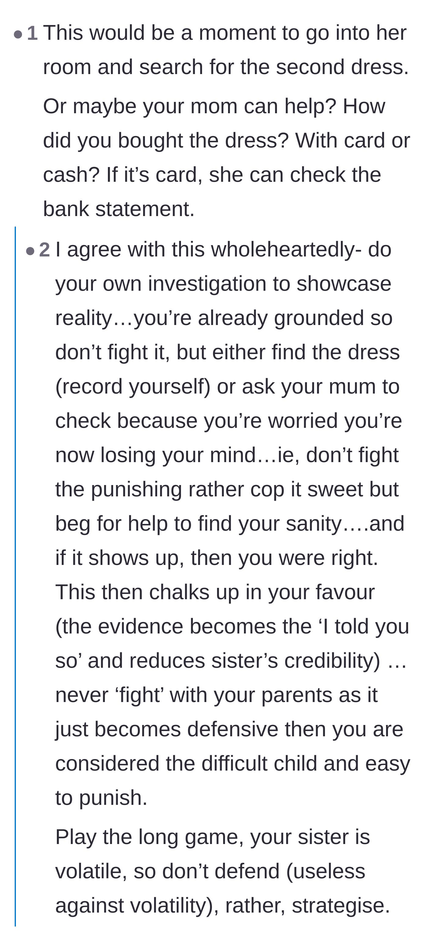 Comment thread 1 - Readers suggesting the main character investigate bank statements and play the long game to prove her innocence.