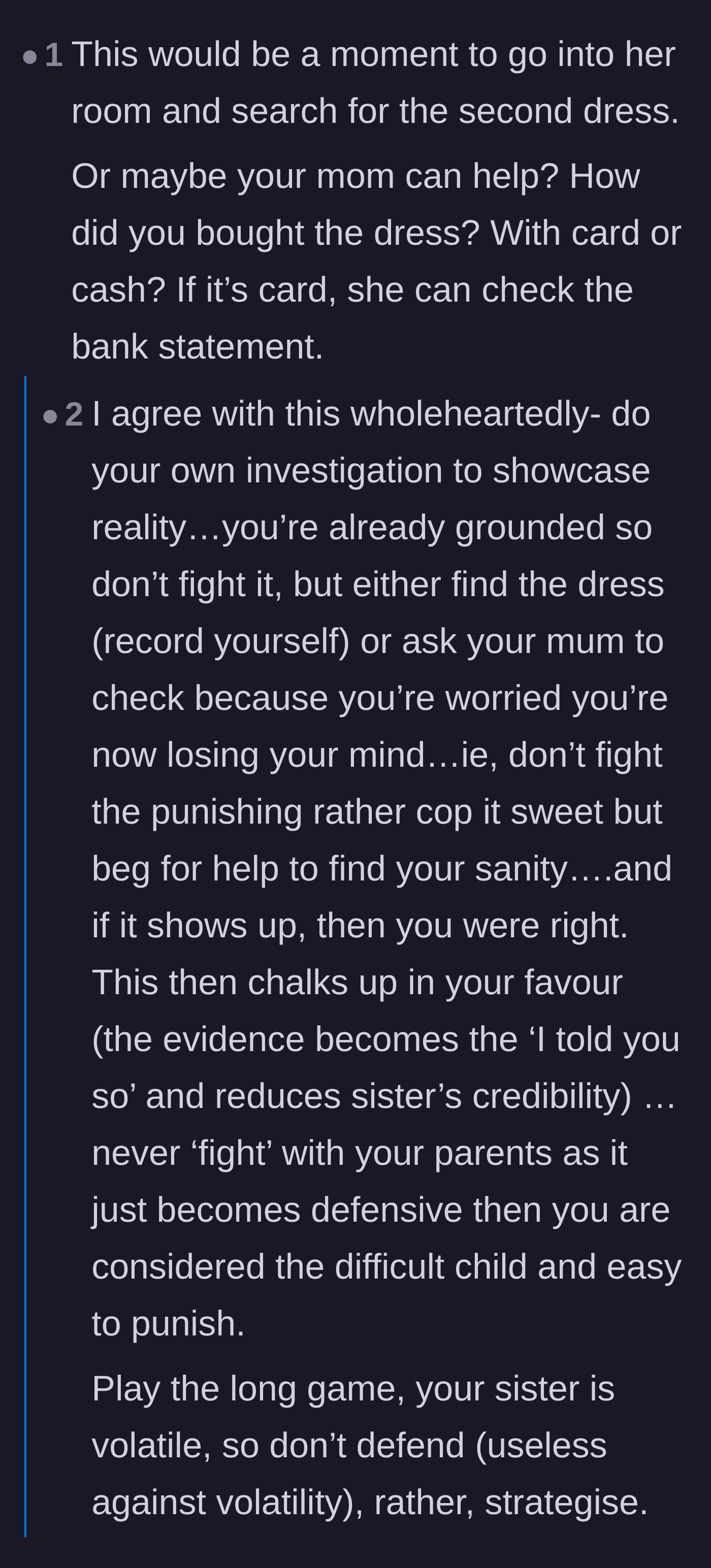 Comment thread 1 - Readers suggesting the main character investigate bank statements and play the long game to prove her innocence.