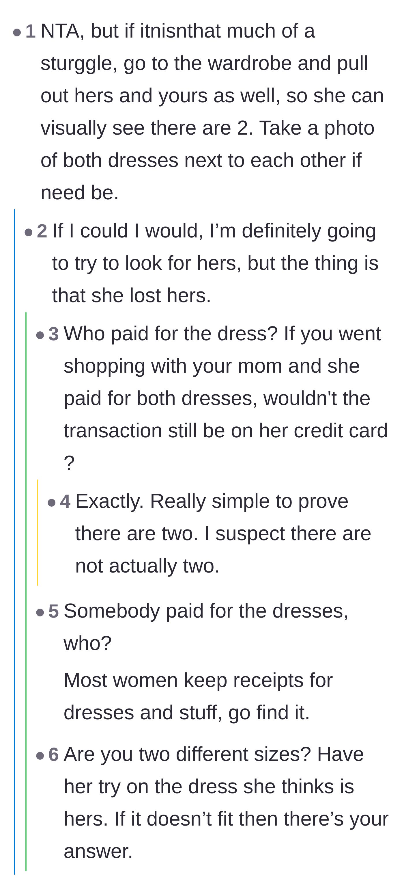 Comment thread 2 - A discussion on finding receipts to prove two dresses were bought, pivoting into advice on escaping toxic family dynamics.