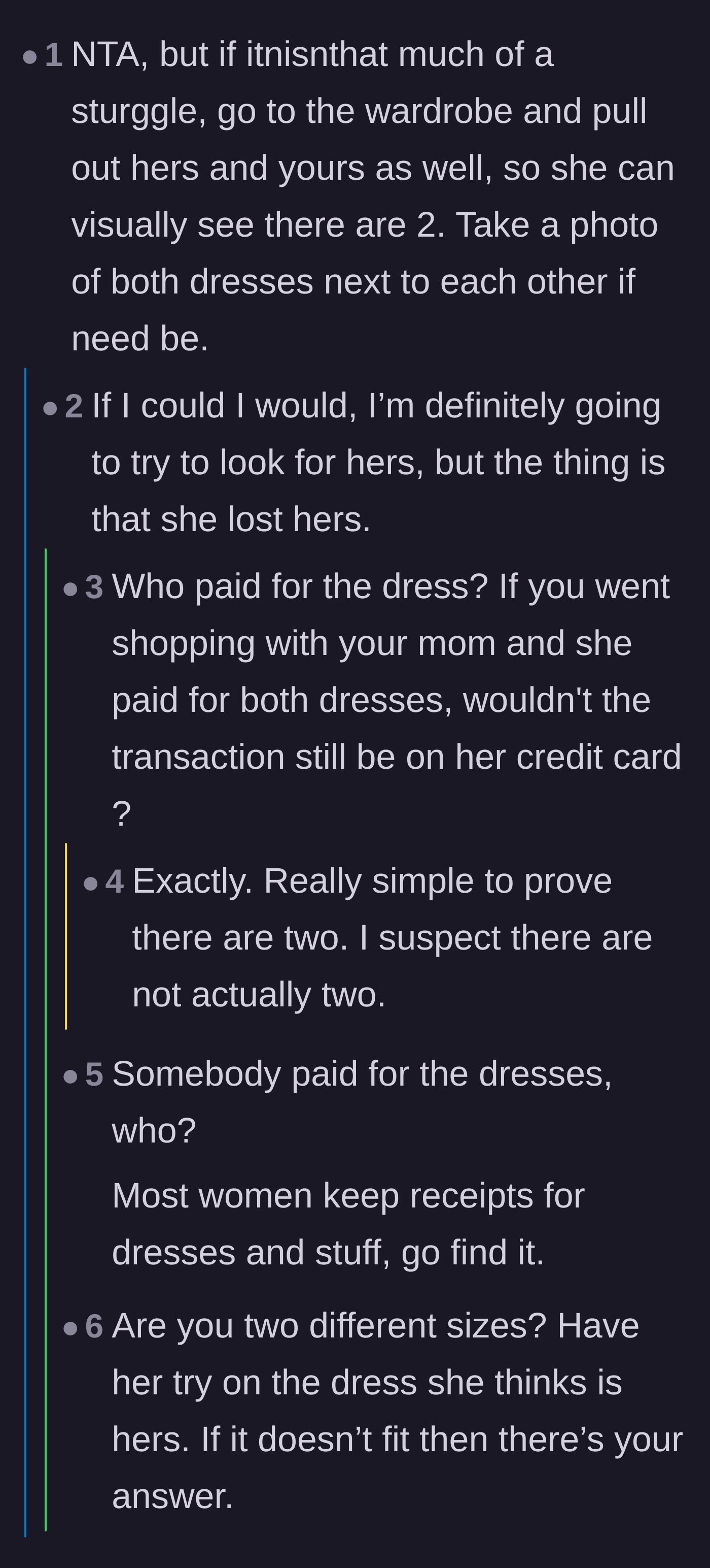 Comment thread 2 - A discussion on finding receipts to prove two dresses were bought, pivoting into advice on escaping toxic family dynamics.