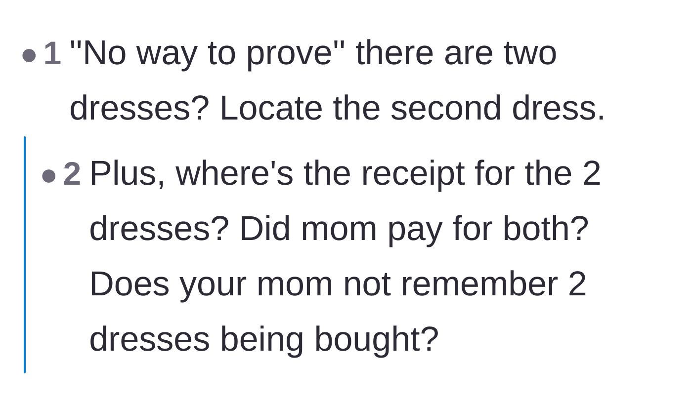 Comment thread 5 - A short exchange questioning why the mother's memory of the purchase seems to have conveniently vanished.