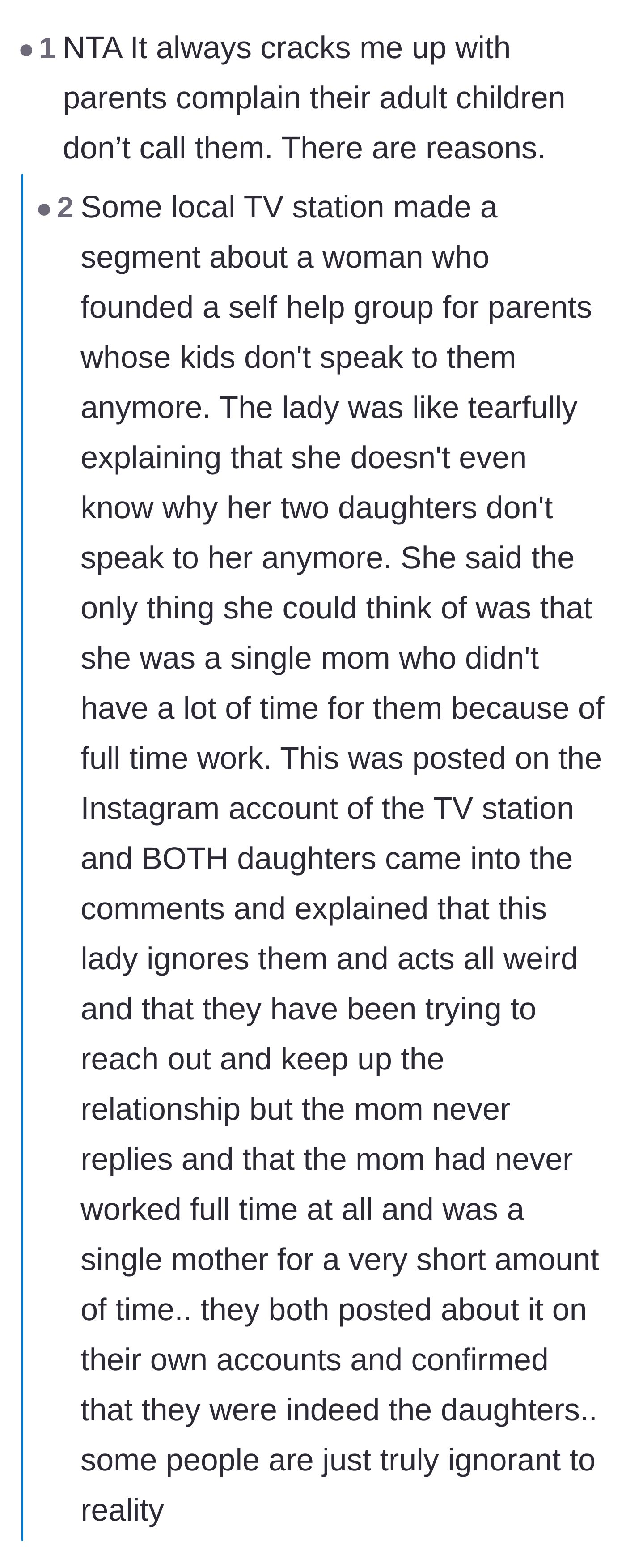 Comment thread 1 - Readers discussing the 'missing missing reasons' phenomenon and parents who feign ignorance about estrangement