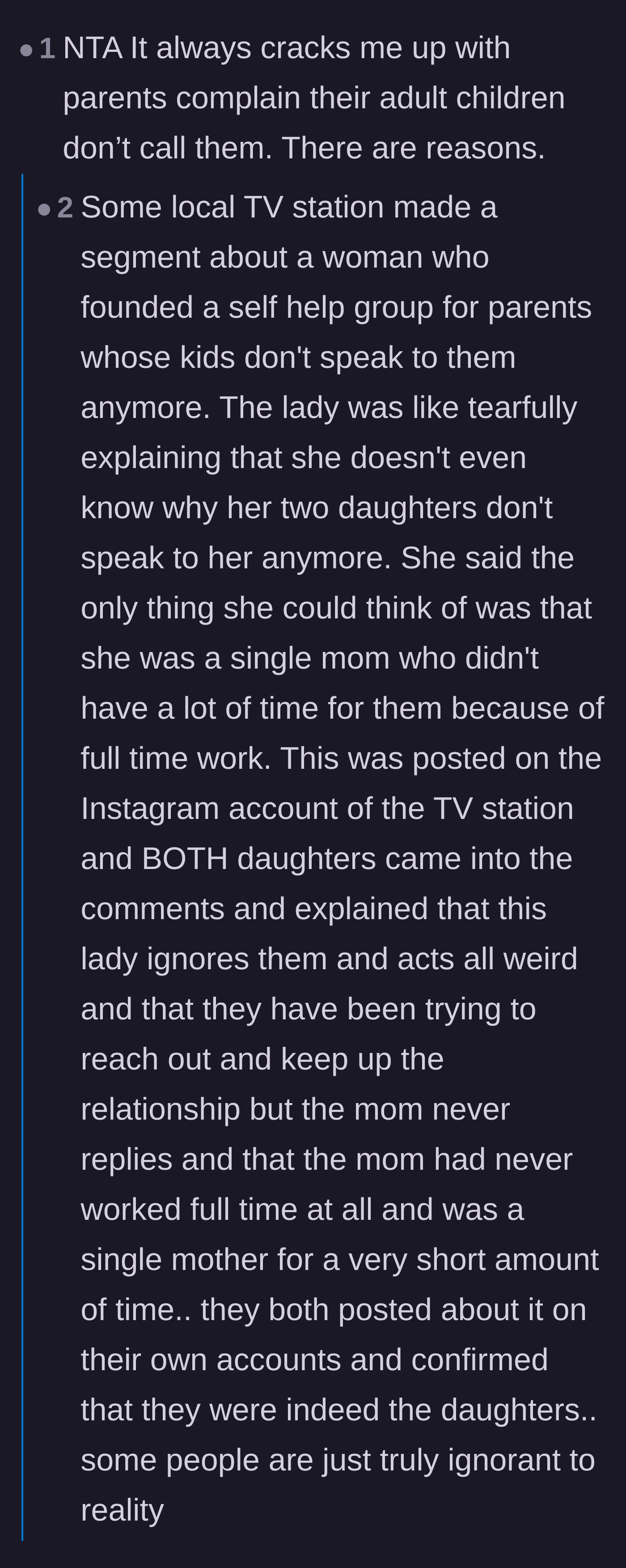 Comment thread 1 - Readers discussing the 'missing missing reasons' phenomenon and parents who feign ignorance about estrangement