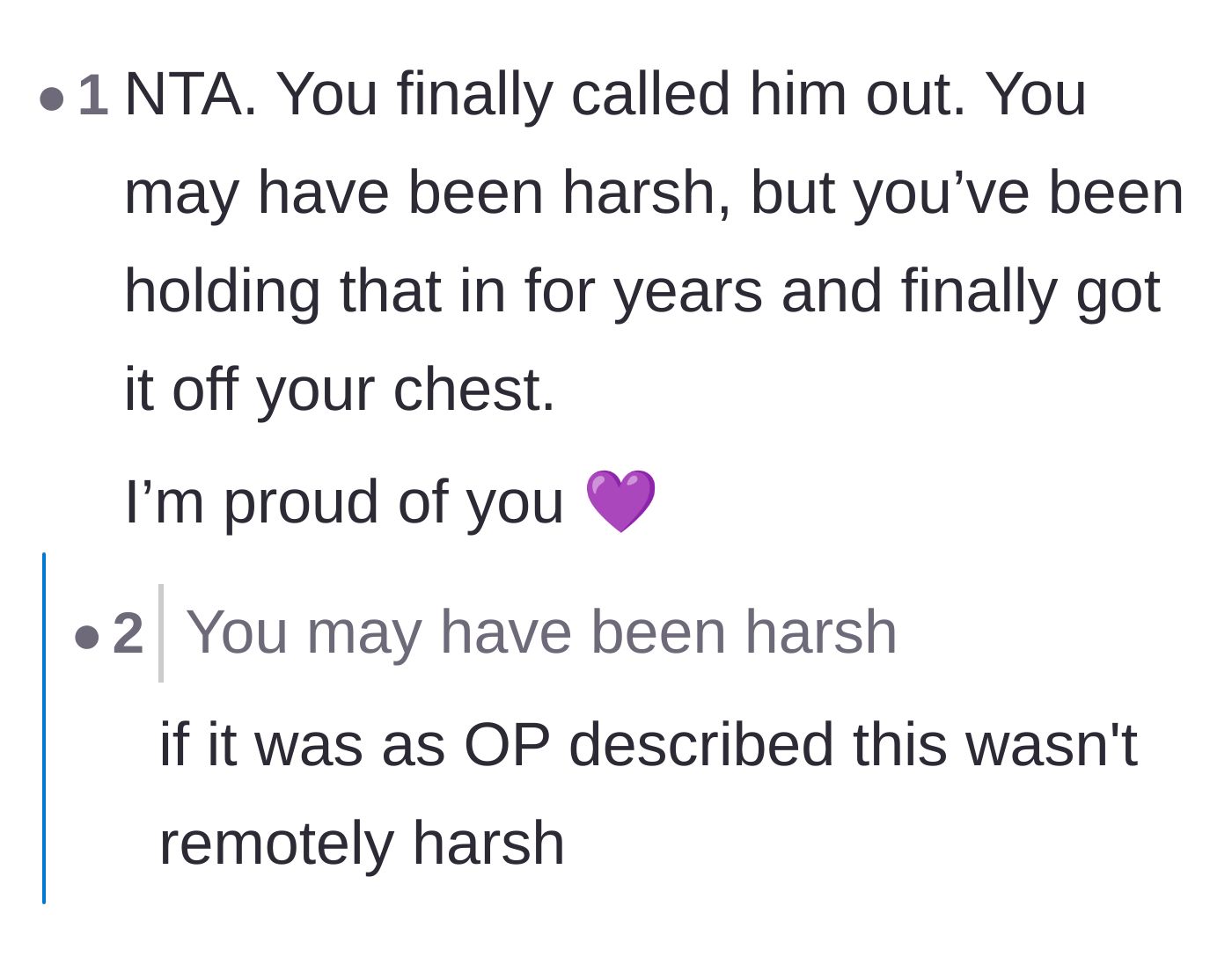 Comment thread 2 - A commenter telling the main character they are proud of her for finally letting go of her bottled-up feelings
