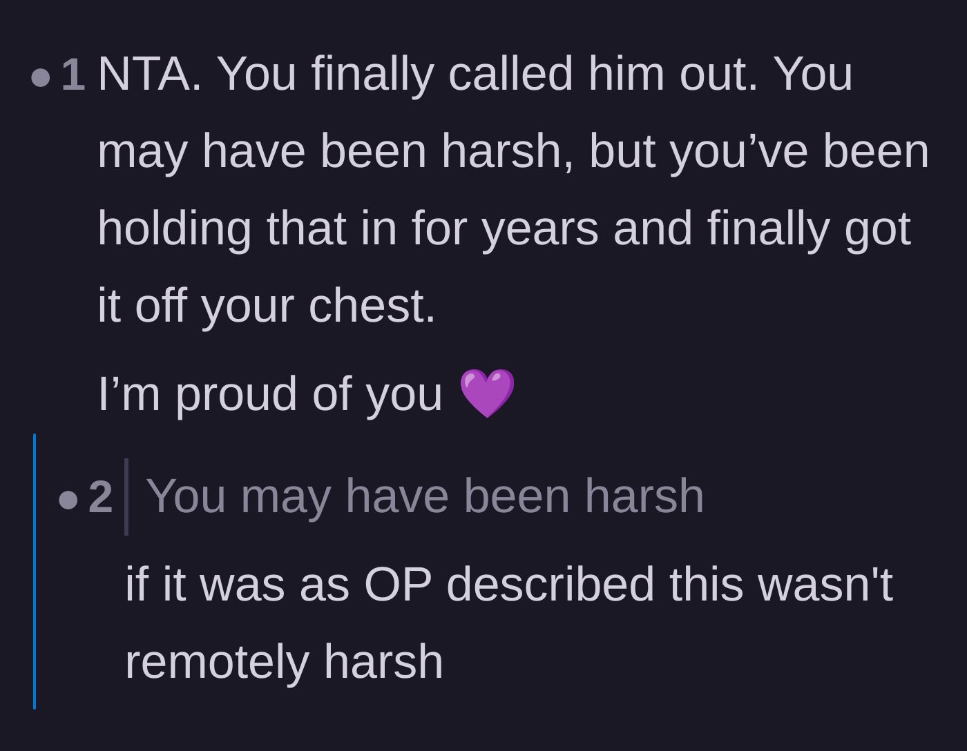 Comment thread 2 - A commenter telling the main character they are proud of her for finally letting go of her bottled-up feelings