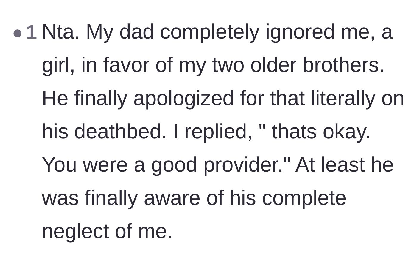 Comment thread 3 - A reader sharing a heartbreaking personal story about receiving a too-late apology from their neglectful father on his deathbed