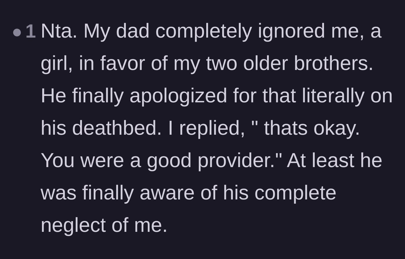 Comment thread 3 - A reader sharing a heartbreaking personal story about receiving a too-late apology from their neglectful father on his deathbed