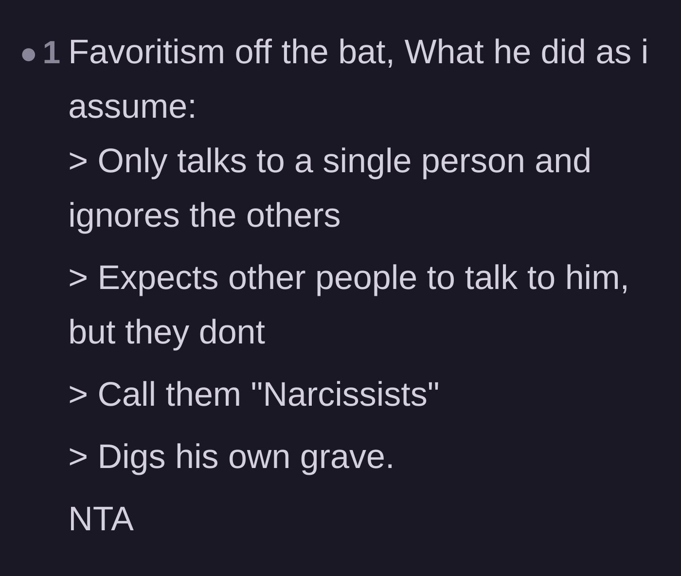 Comment thread 4 - A bulleted breakdown of the father's confusing cycle of ignoring his daughters and then playing the victim