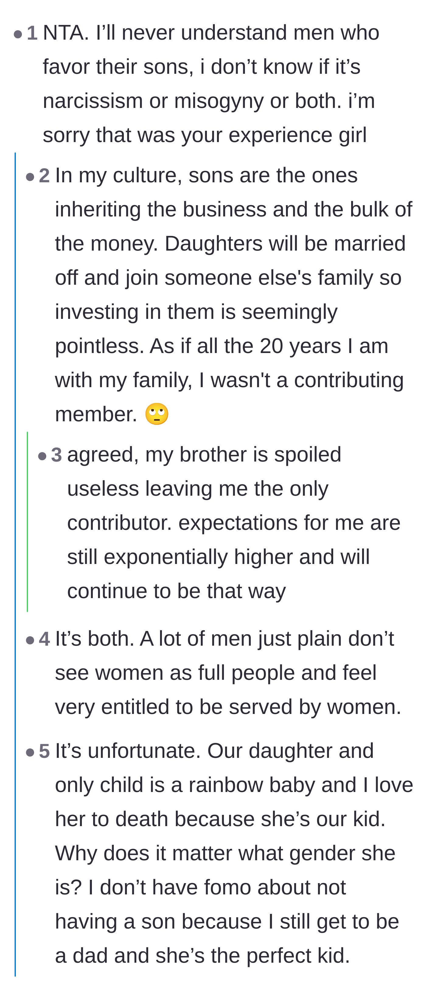 Comment thread 5 - A deep dive into the cultural misogyny and narcissism that often drives fathers to favor their sons over their daughters