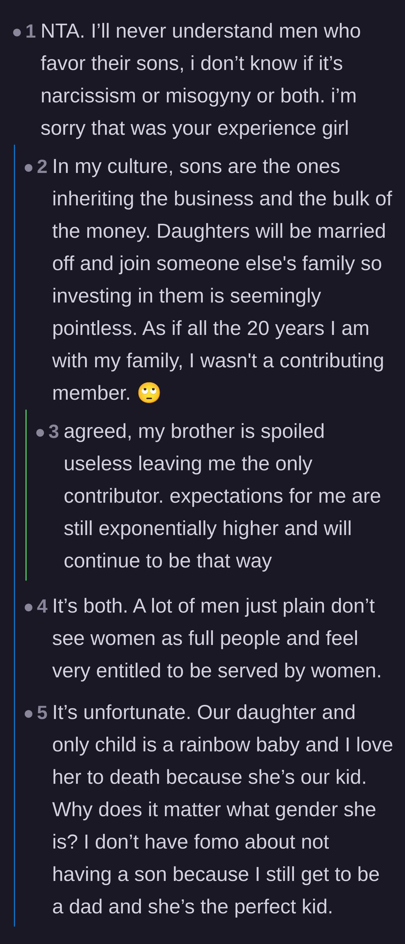 Comment thread 5 - A deep dive into the cultural misogyny and narcissism that often drives fathers to favor their sons over their daughters