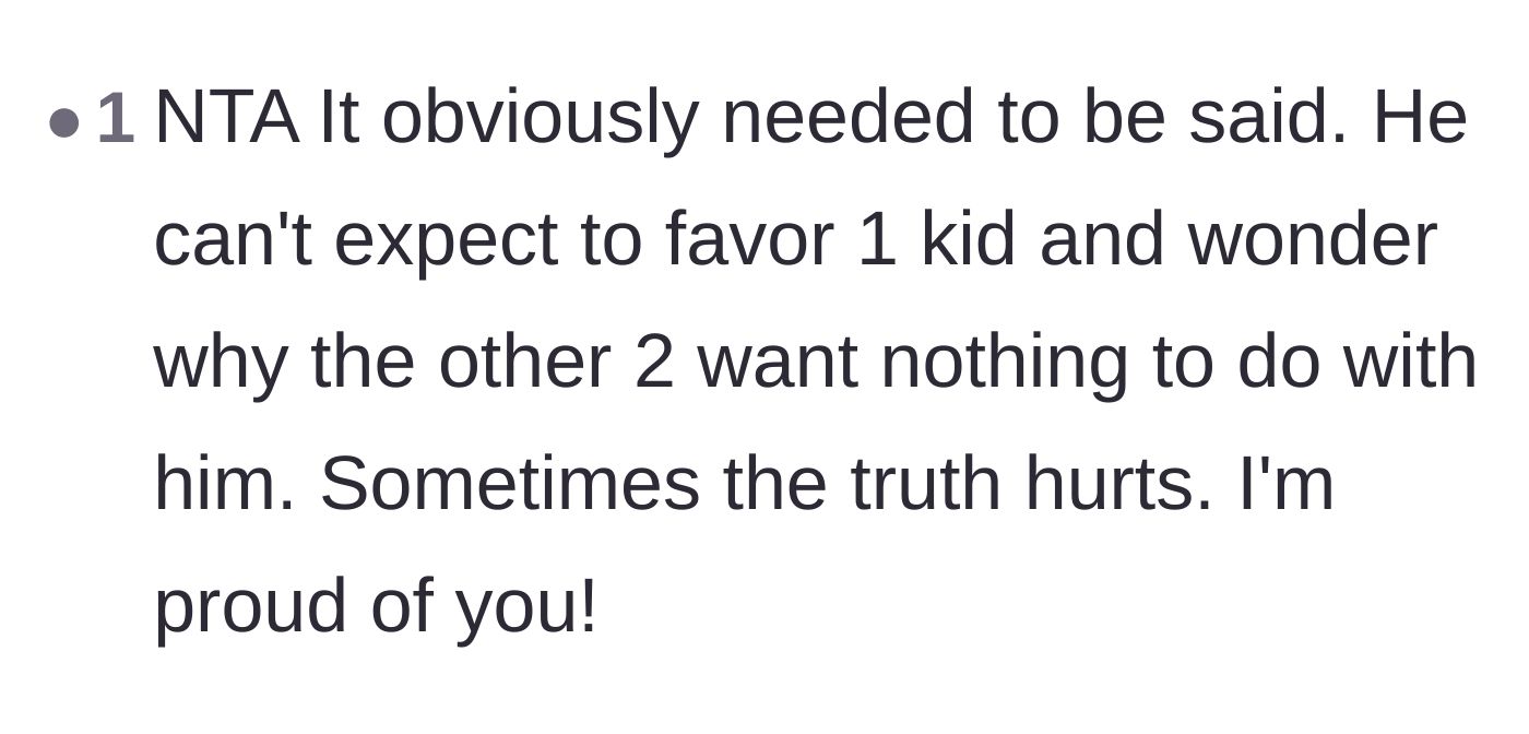 Comment thread 6 - A supportive message reminding the author that favoring one child naturally drives the others away