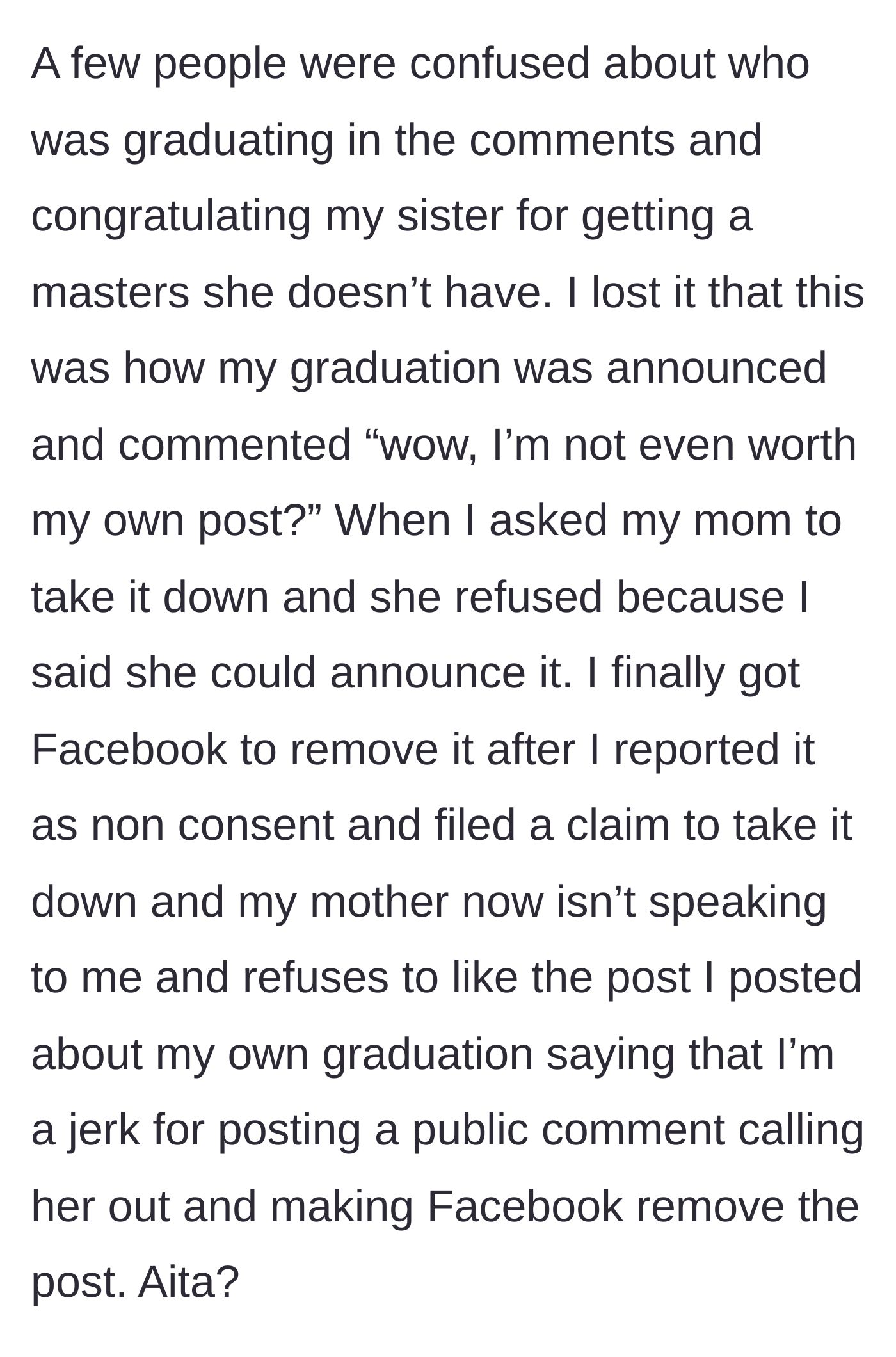 Story part 4 - The main character calls out her mother in the comments, gets Facebook to remove the post, and the mother gives her the silent treatment.
