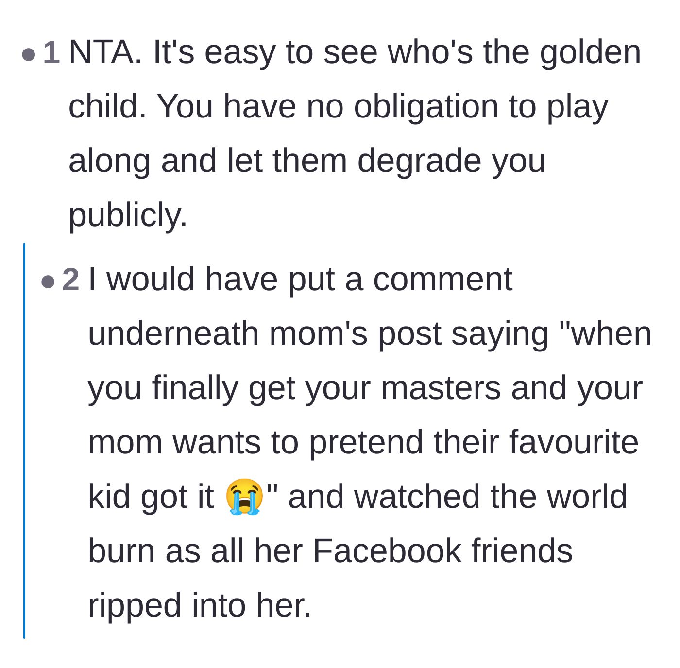 Comment thread 2 - Commenters identifying the golden child dynamic and suggesting a brutally petty comeback.