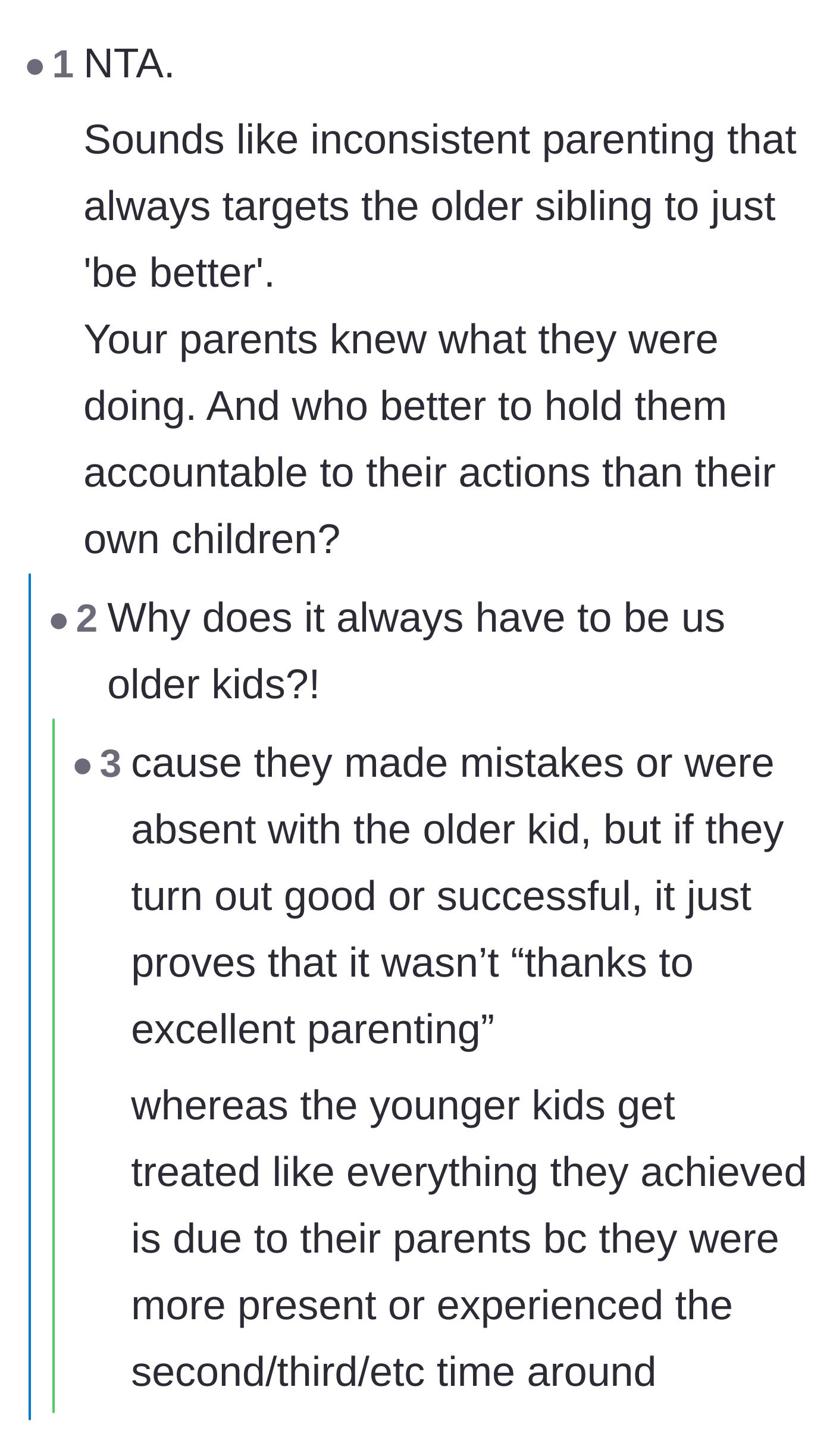 Comment thread 4 - A deep dive into the curse of being the older sibling and parents taking credit for the younger sibling's success.